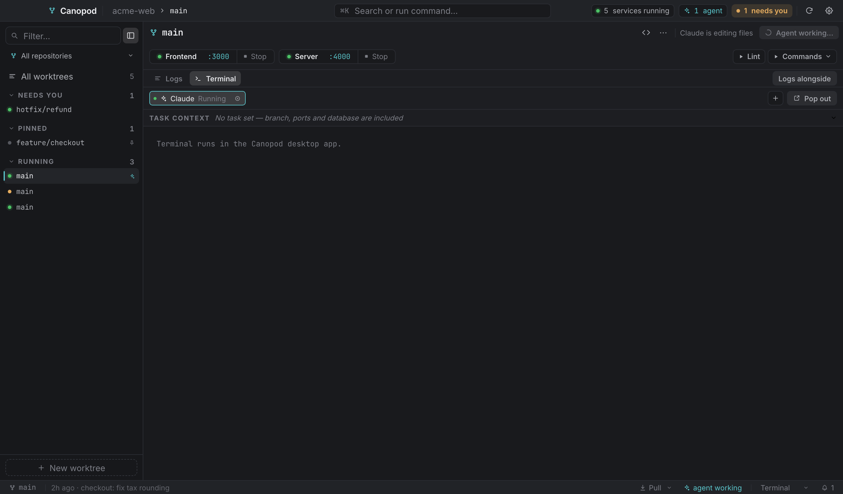 The selected agent session: the context bar above, and the empty state below.
