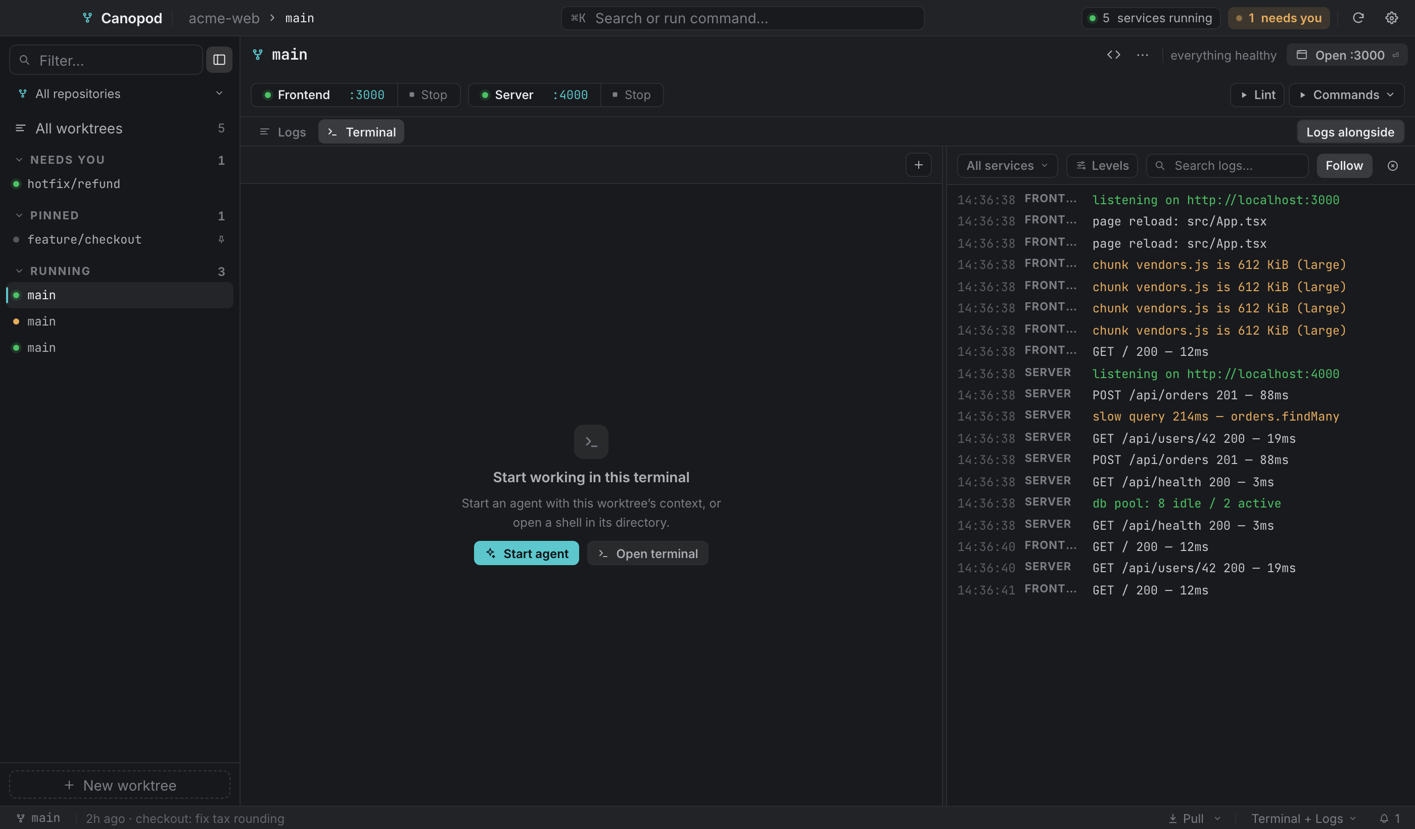 Terminal + logs (`⌘3`): service output on the right; each line carries its time and its service.