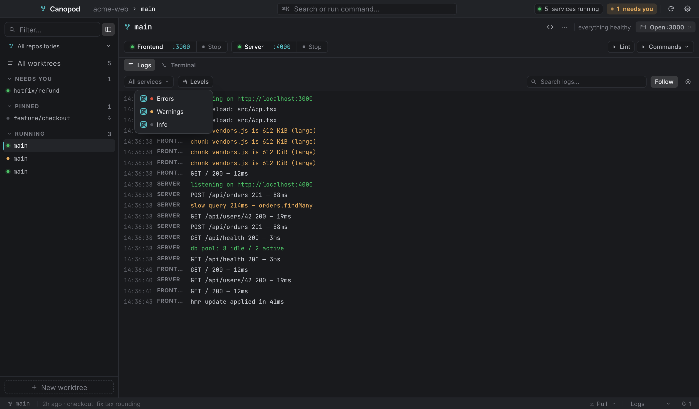 The level filter: Errors, Warnings and Info, with `ok` lines folded into Info.