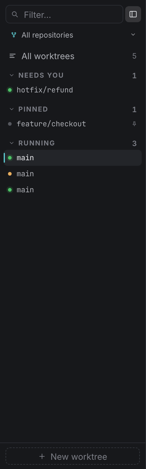 The sidebar: worktrees grouped by state, with quick actions on each row.