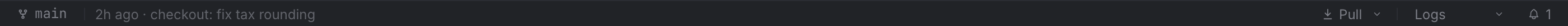 The status bar: branch, git state, the last commit, and the Pull control with its submodule menu.