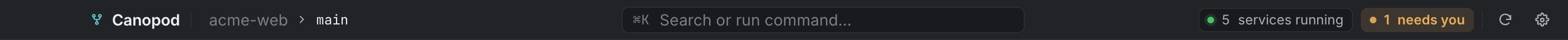 The top bar: breadcrumb, command palette, running count, attention queue, Sync and Settings.