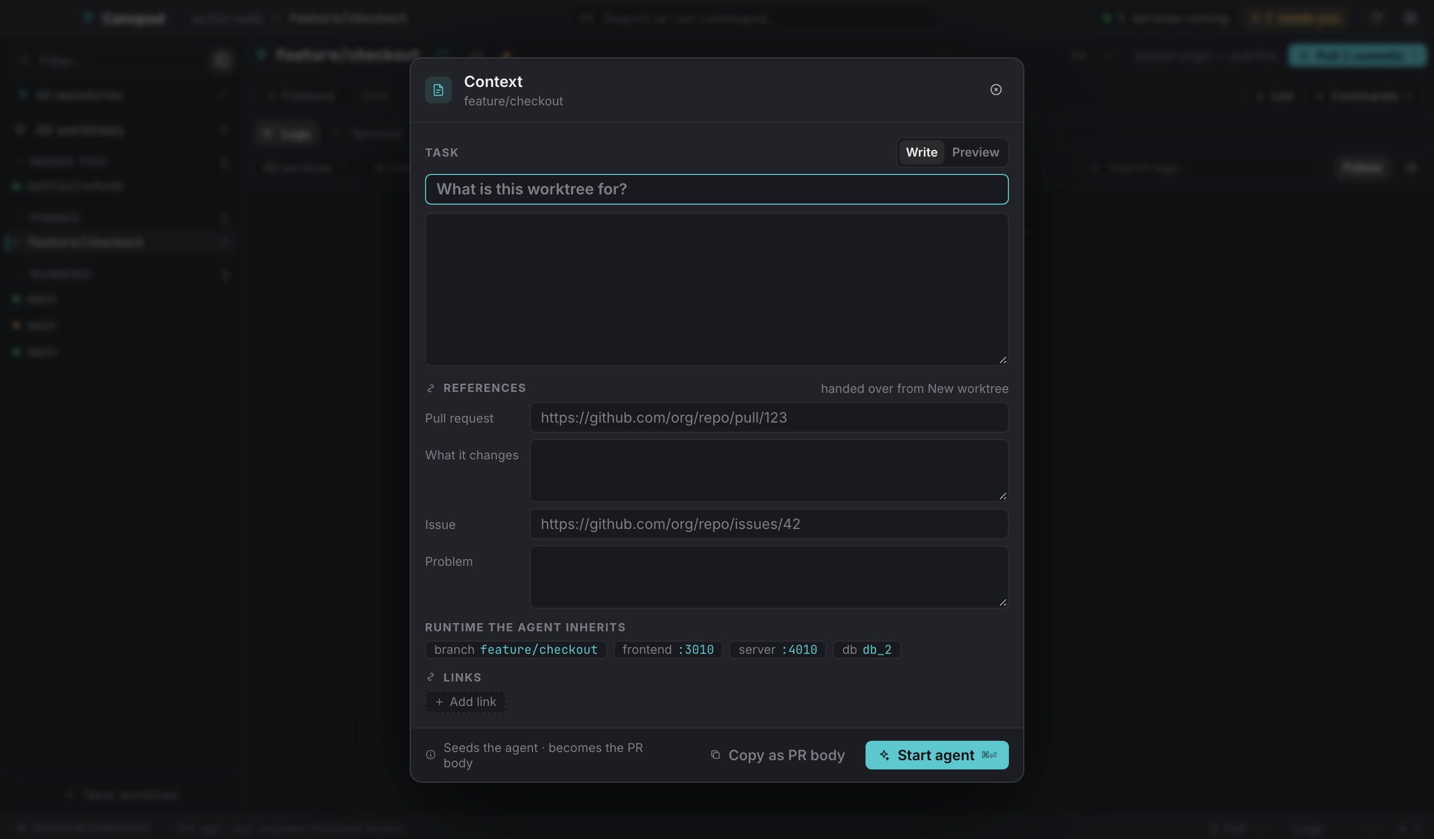 Context: a task, references, the runtime the agent inherits, and links.