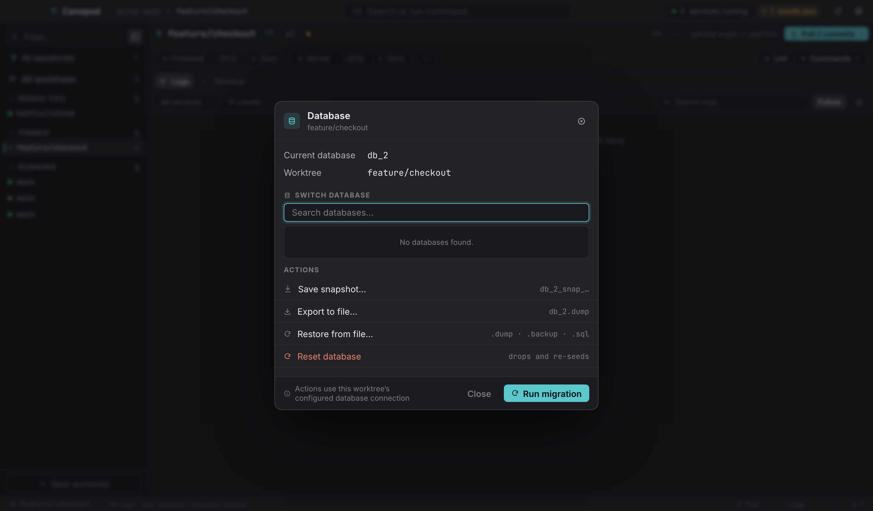 The database dialog: the switcher, then snapshot, export, restore, and reset.