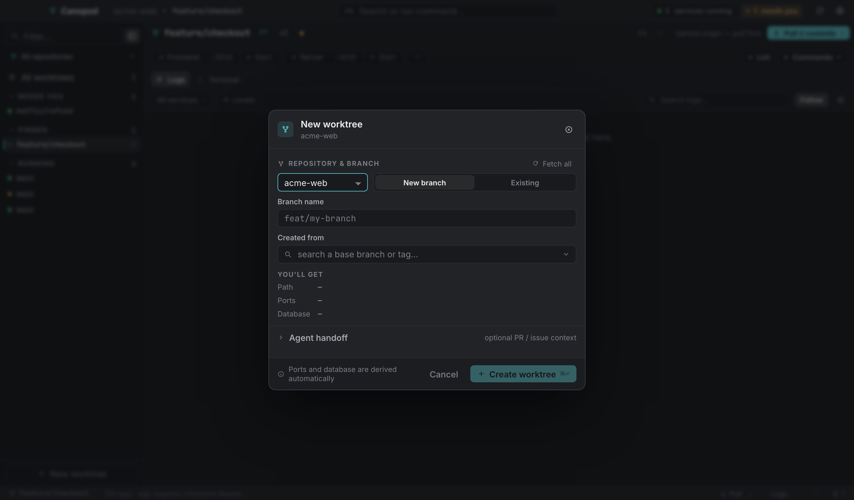 New worktree: pick a repository, then a new branch off a base, or an existing ref.