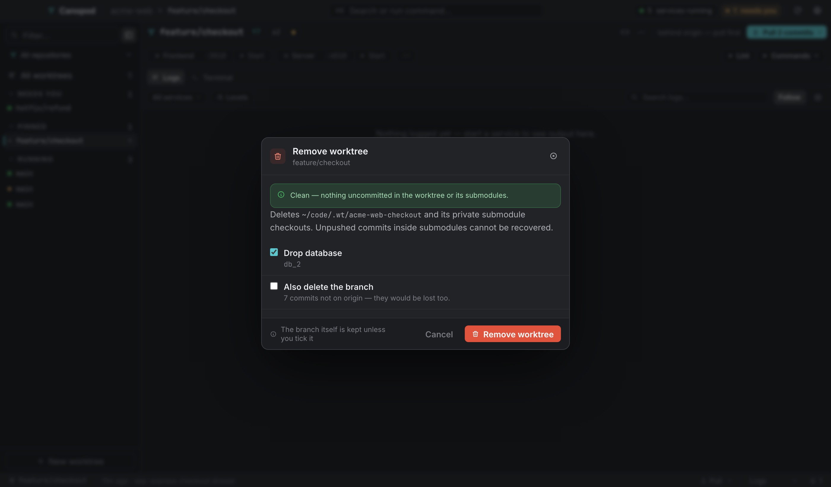 Remove worktree: a dirty precheck, then two explicit choices.