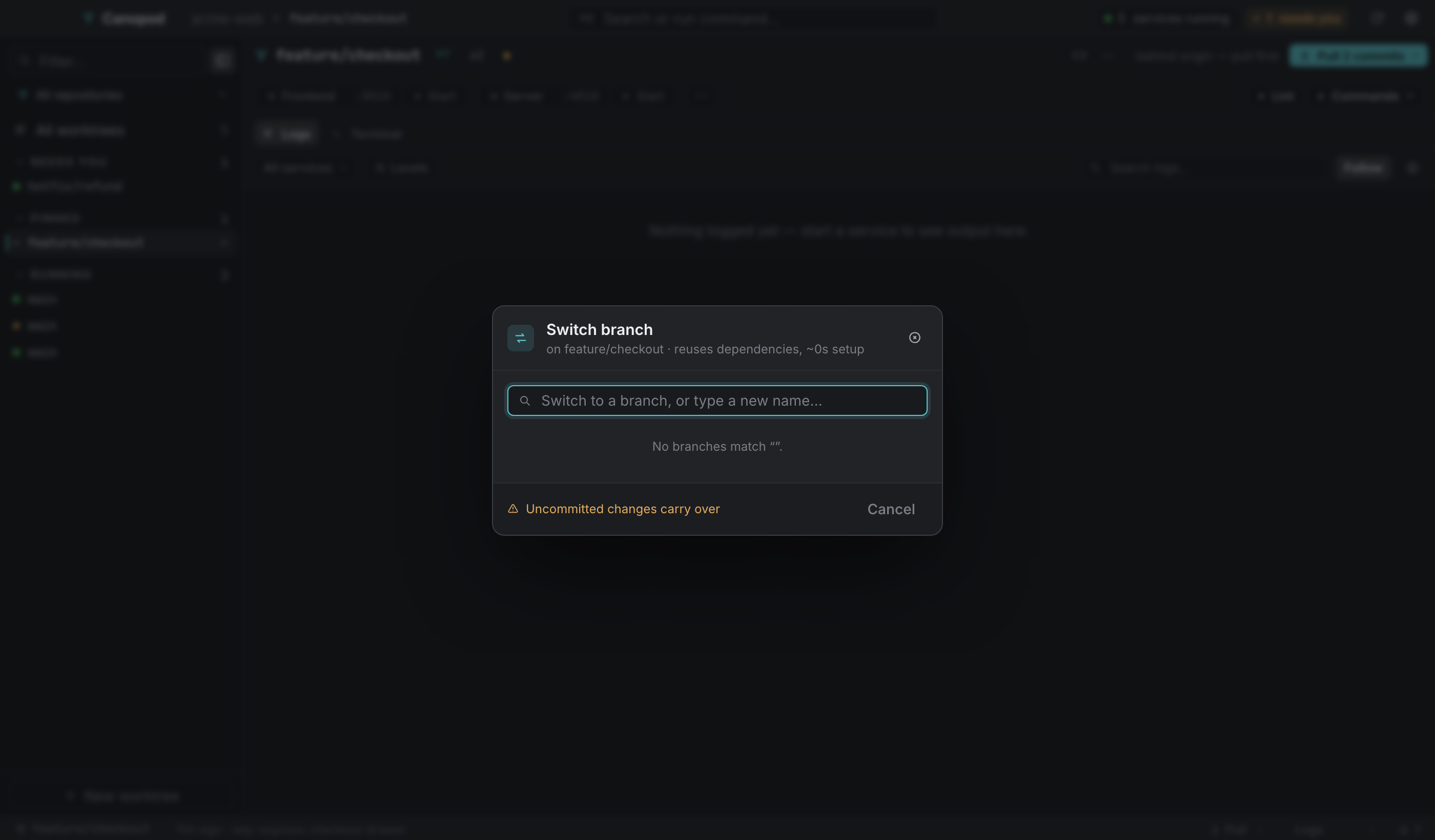 Switch branch: type to filter, or type a new name to create one off the current branch.