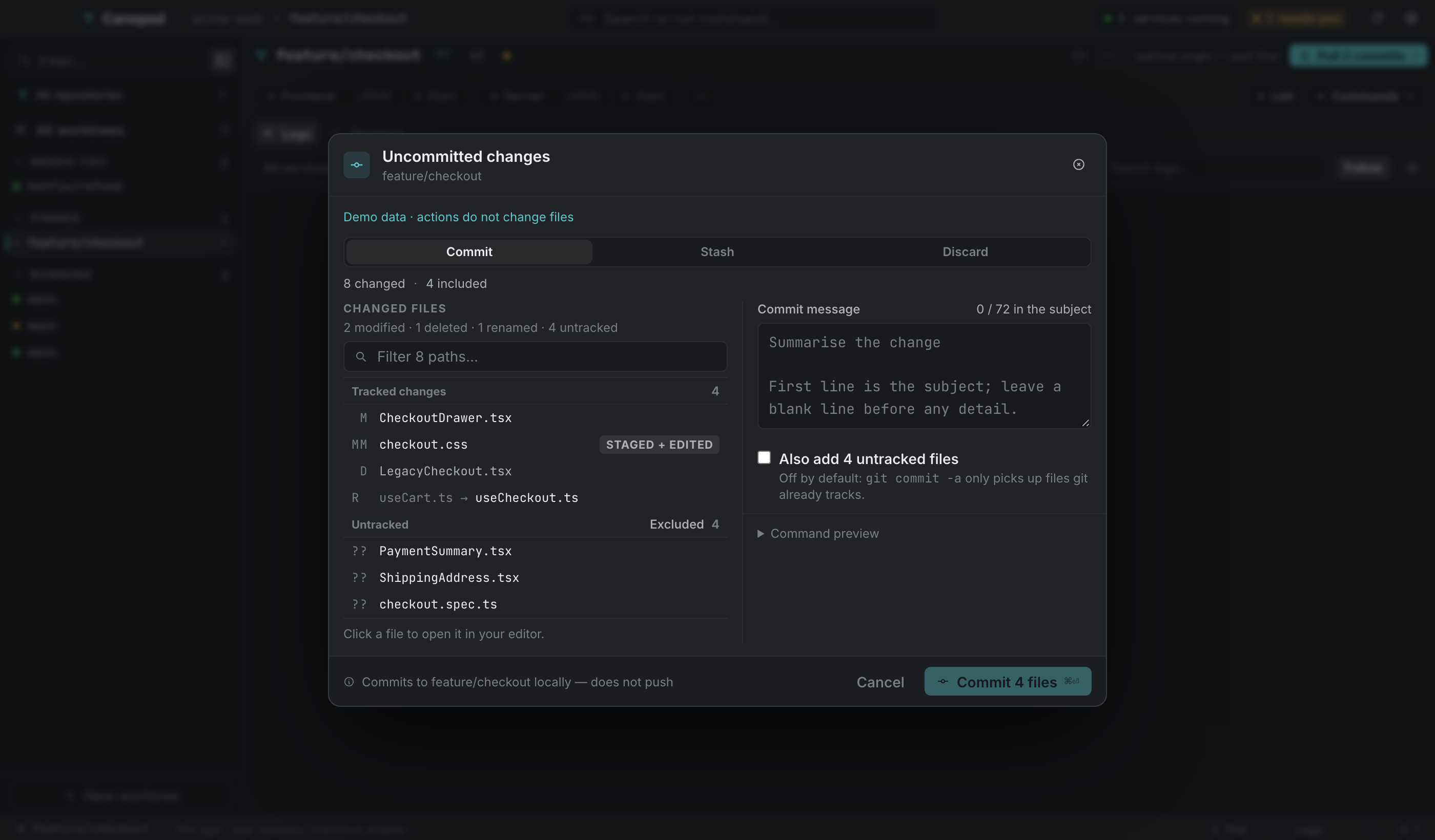 Commit mode with eight changed files: the four tracked changes go into the commit, and the four untracked files stay out unless you tick *Also add 4 untracked files*.