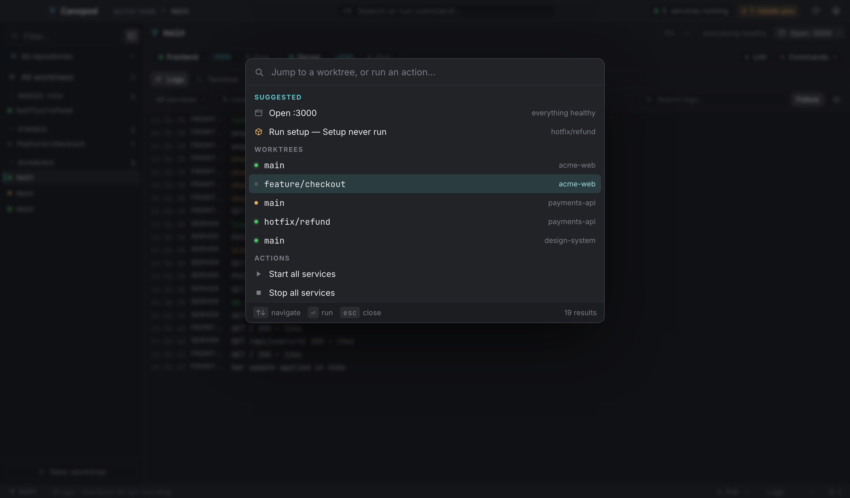 The command palette: suggested actions first, then worktrees, then commands.