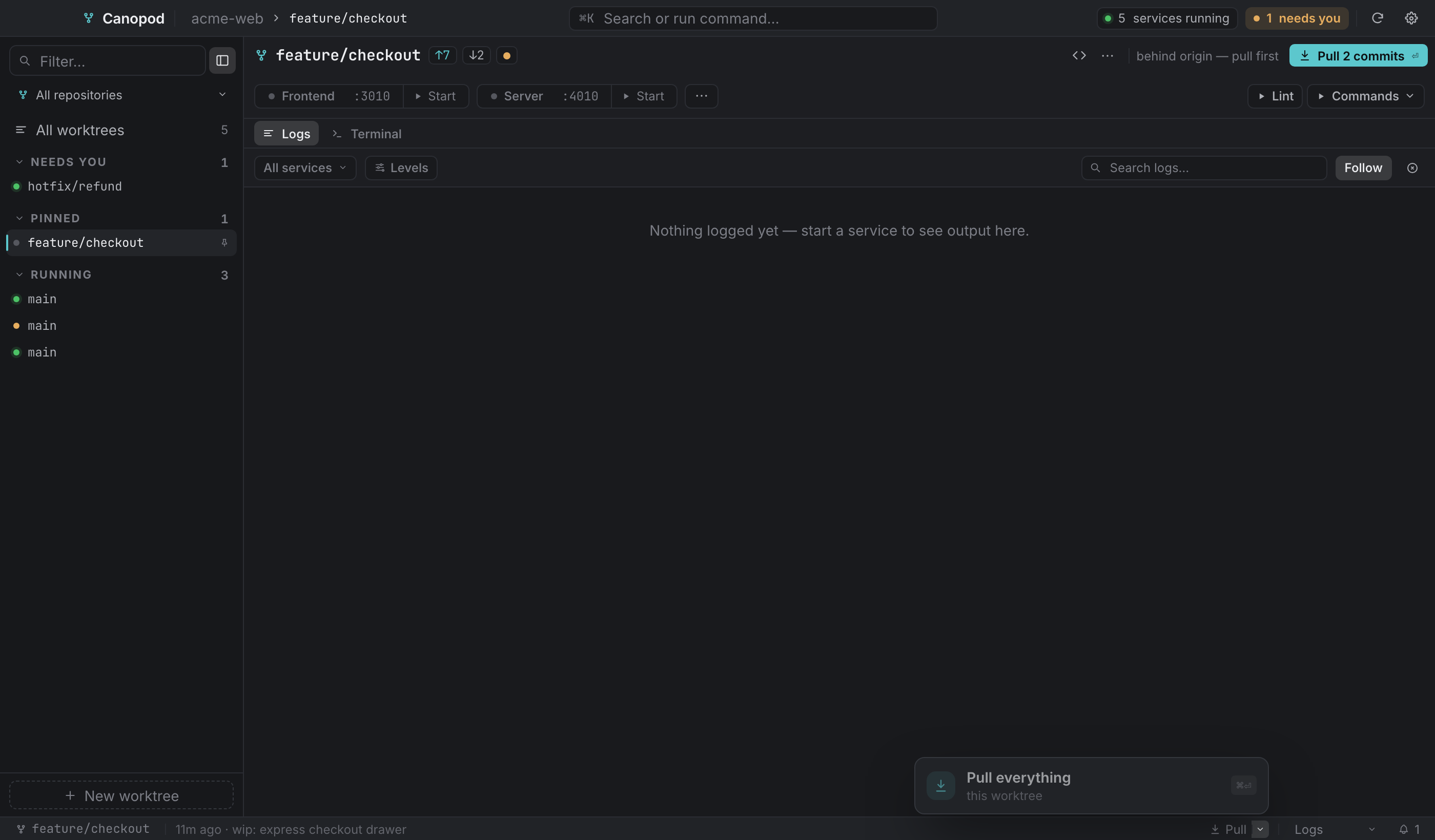 The pull popover: pull everything, re-pin submodules, or act on one submodule at a time.