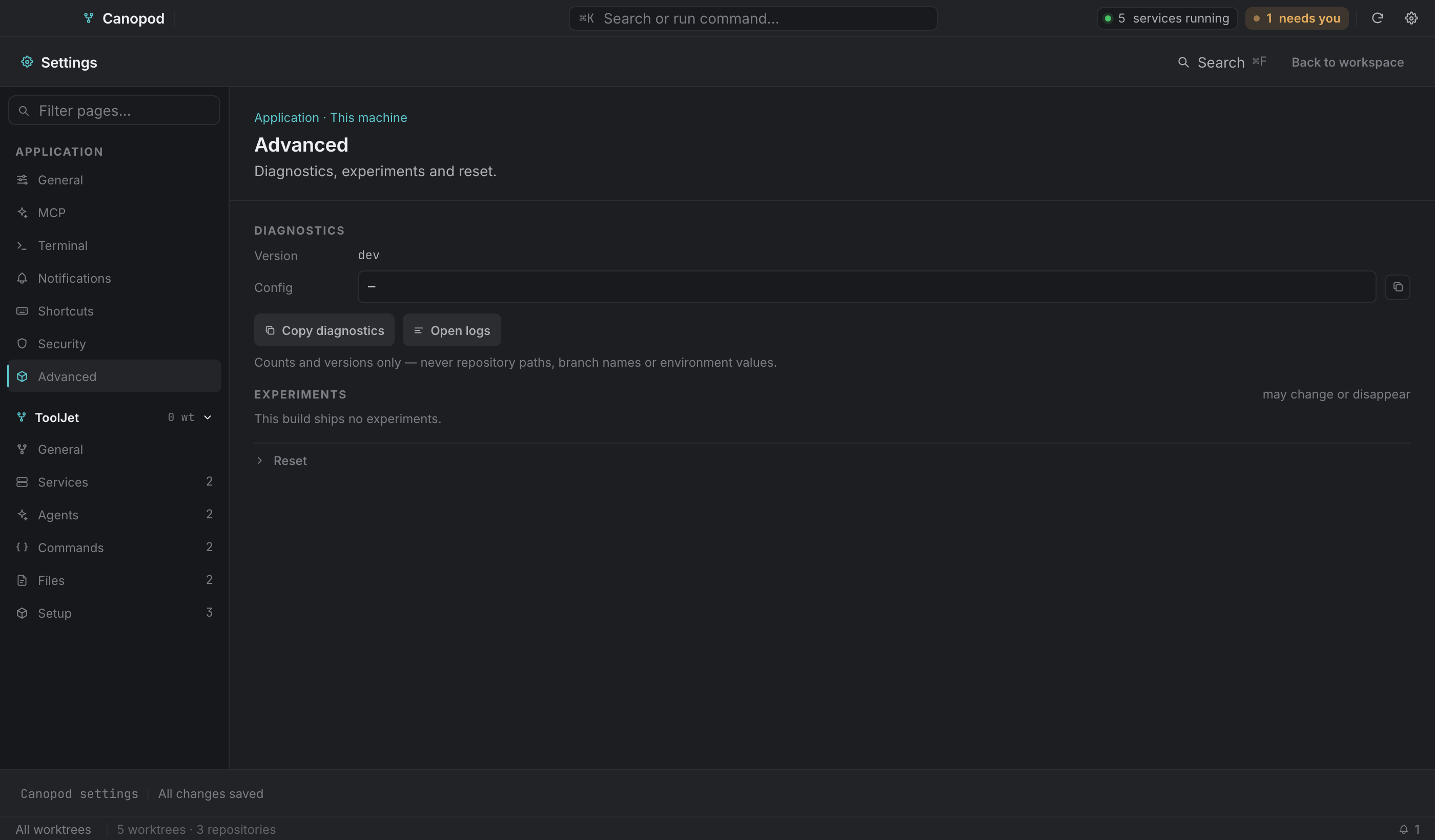 Settings → Advanced: version and config path are live; experiments and reset are not implemented yet.