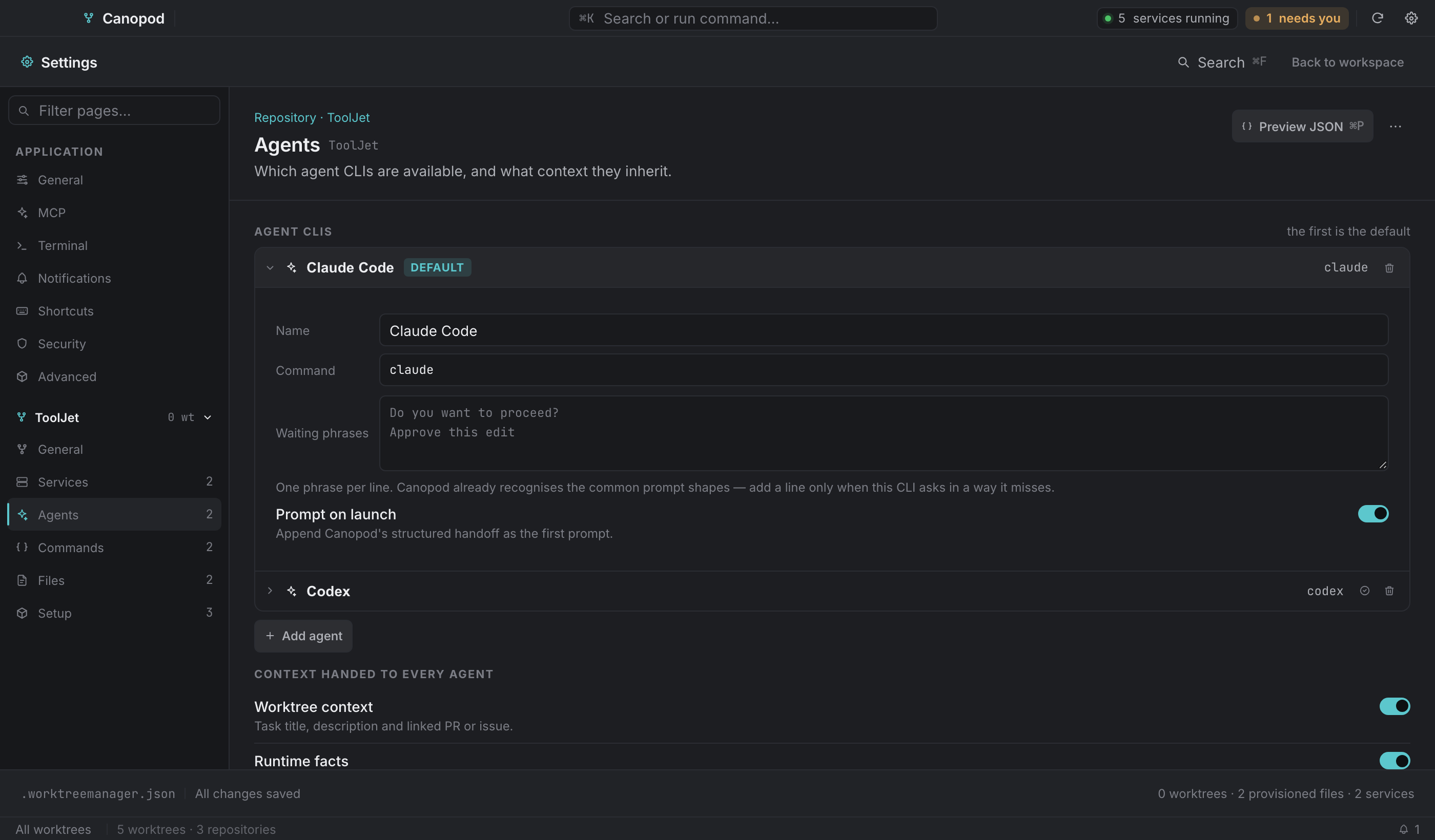 Agent CLIs: the first is the default, and any of them can be promoted.