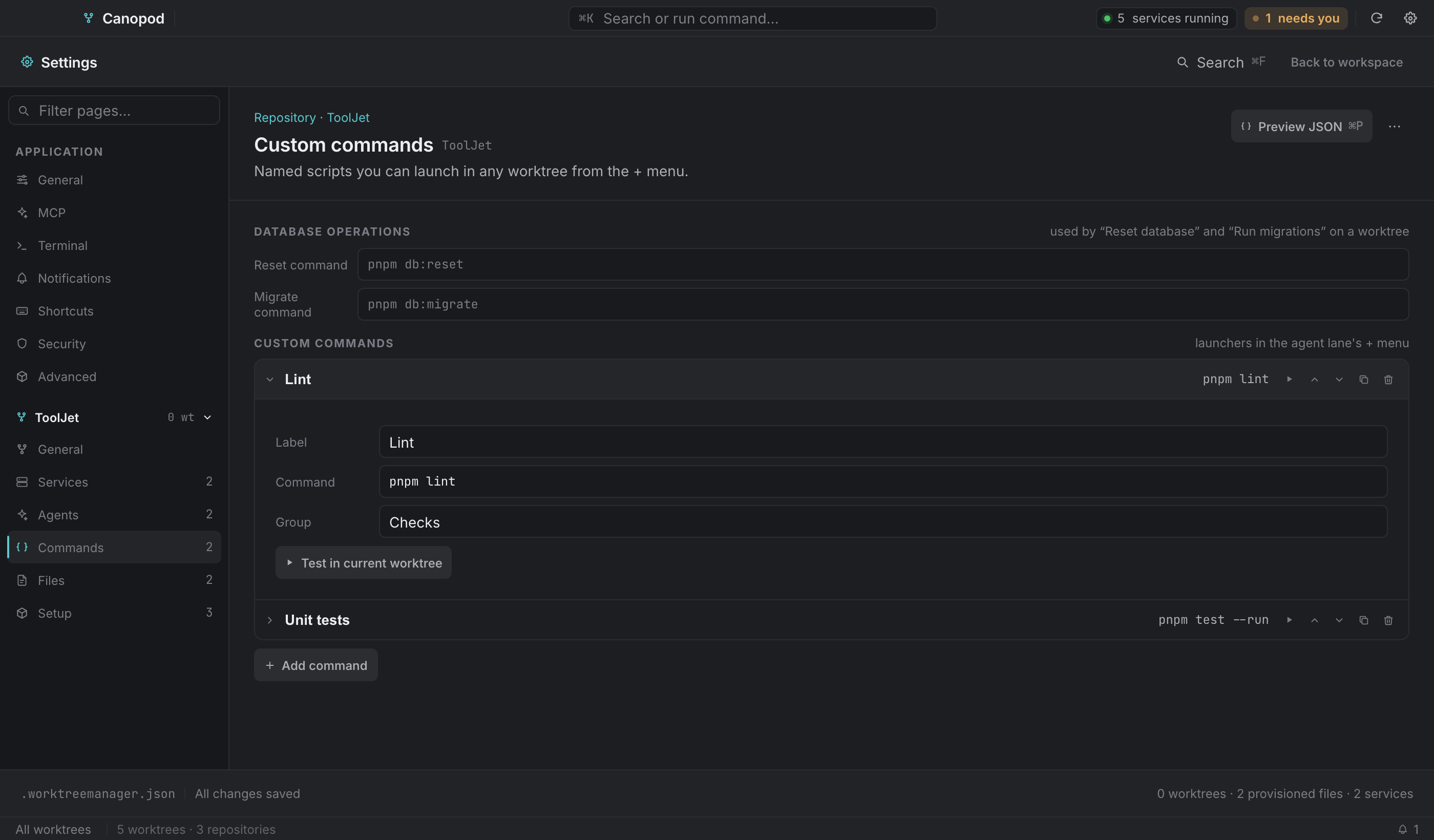 Database operations at the top, then custom commands with groups and a test run.