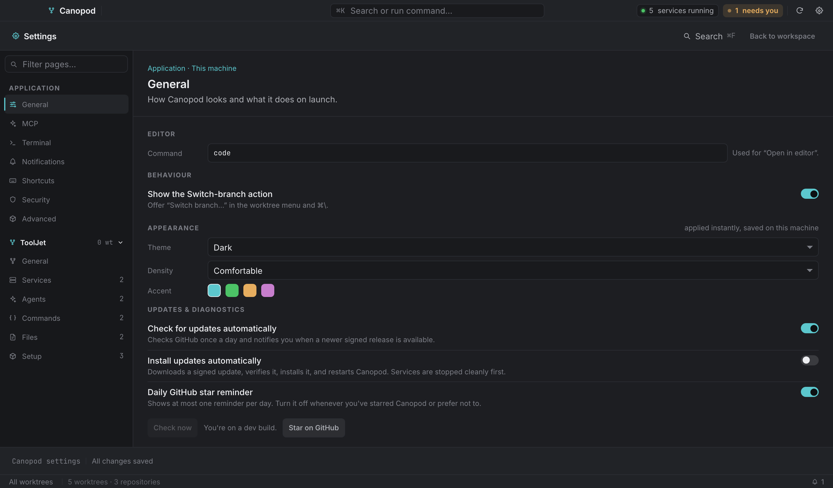Settings → General: editor command, behaviour, and the live Appearance controls.