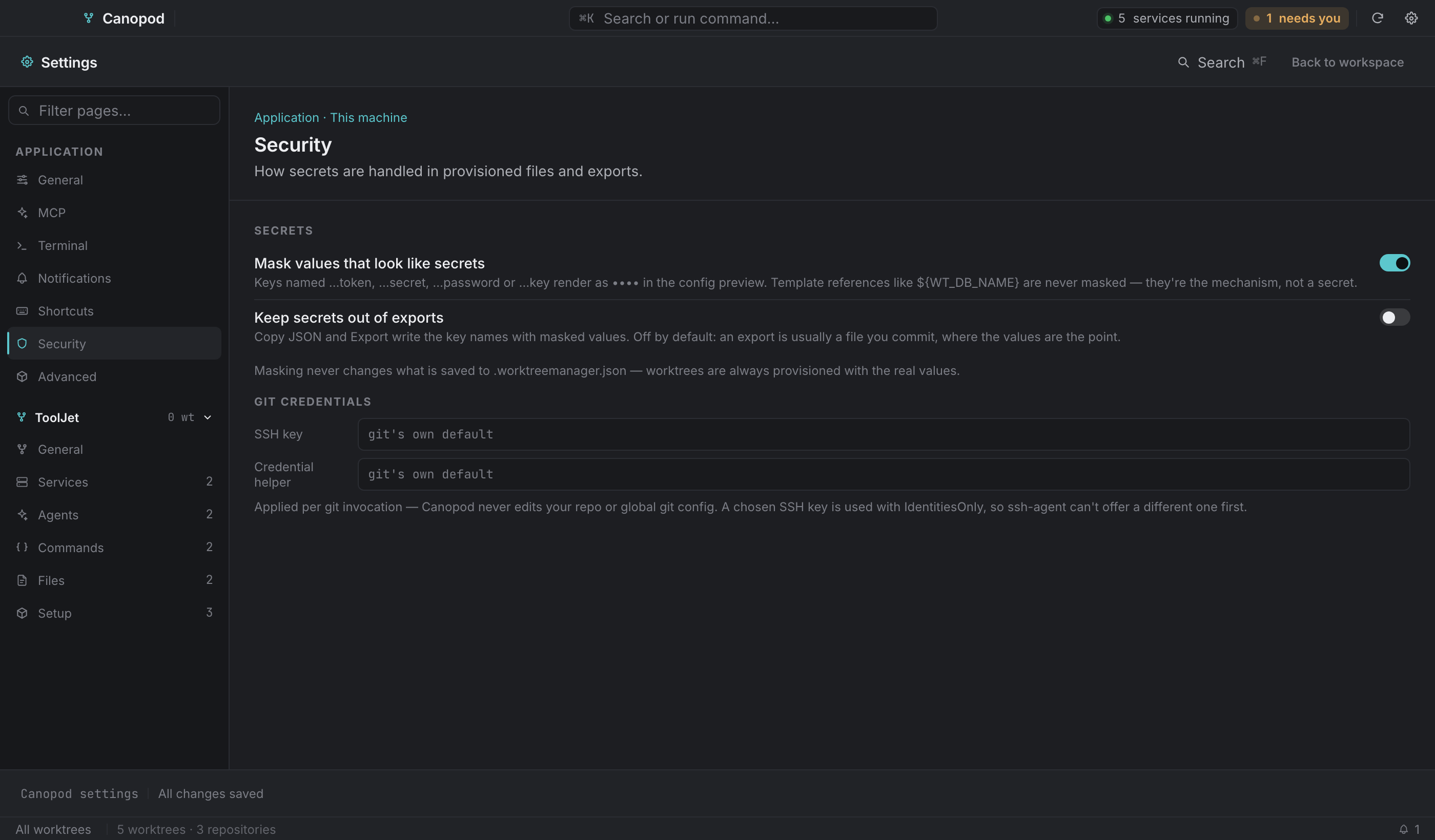 ⌘P shows exactly what will be written to .worktreemanager.json.