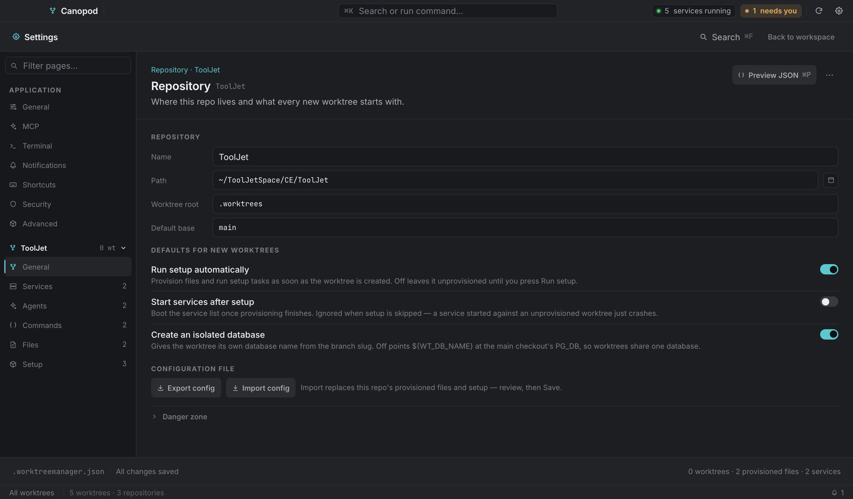 Repository → General: paths, defaults, config import/export, and the danger zone.