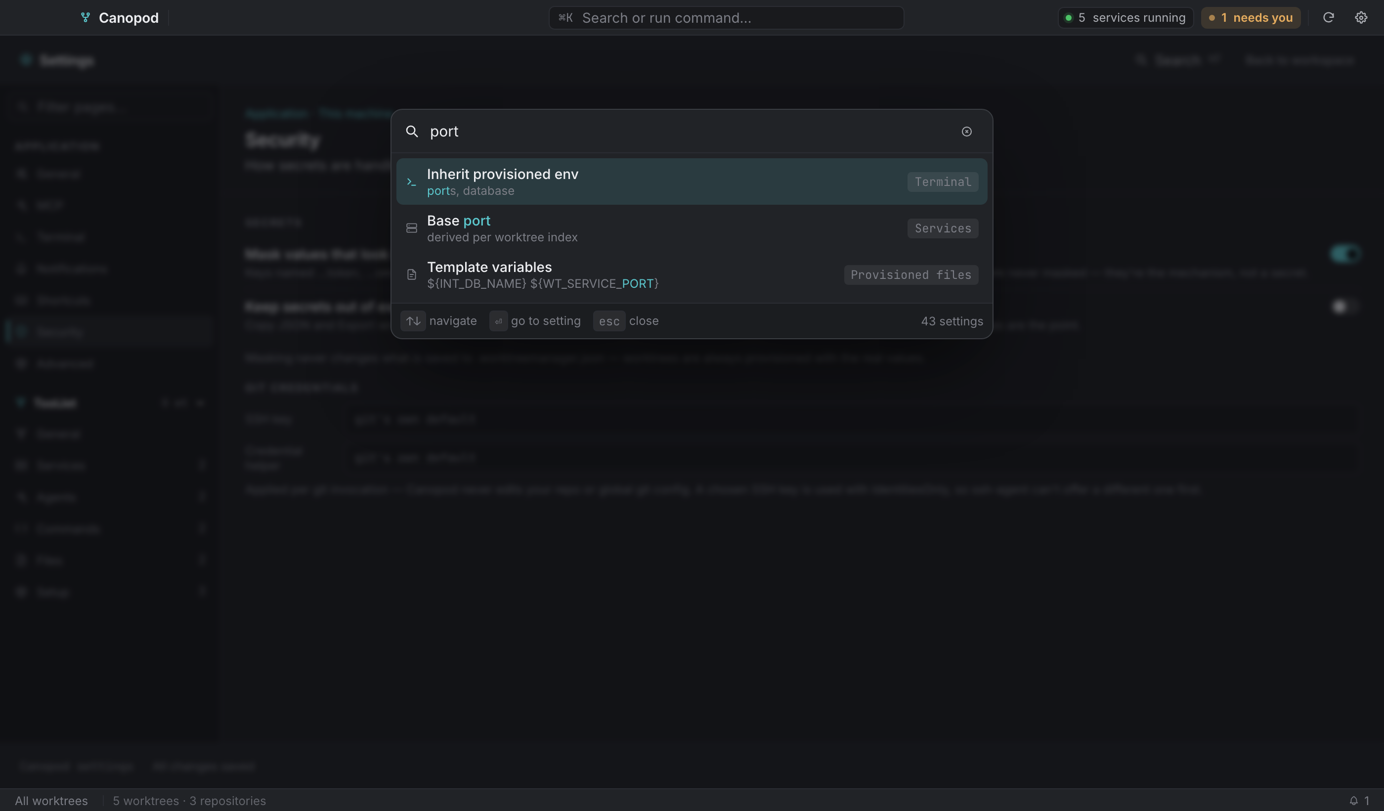 ⌘F searches every setting and tells you which page it lives on.