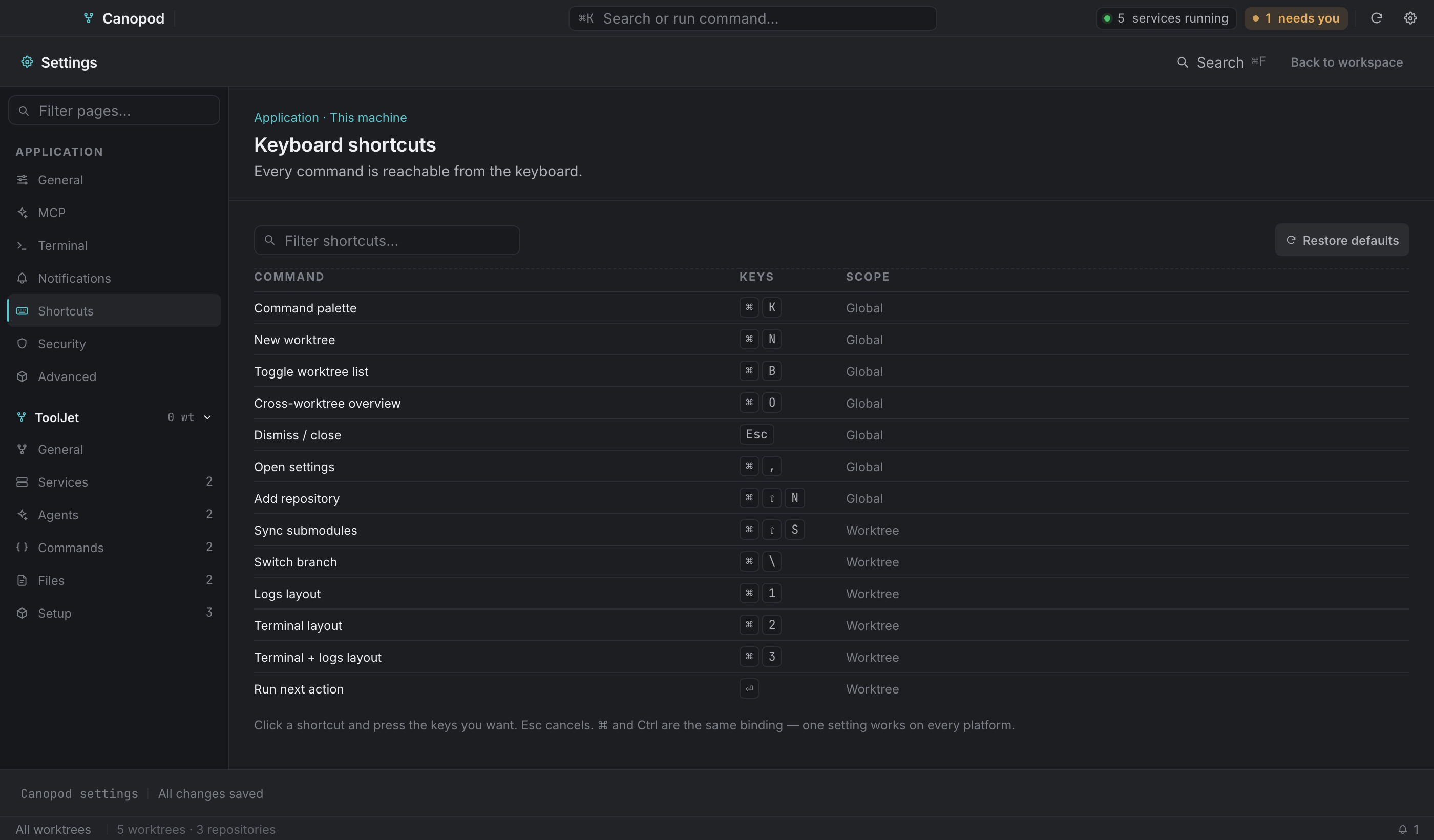 Settings → Shortcuts: the same reference, searchable.