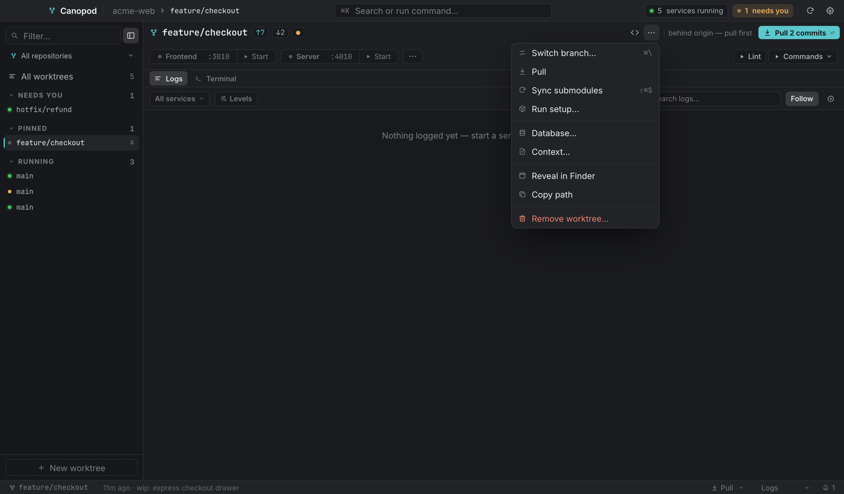 The worktree ⋯ menu: git operations, then file locations, then Remove worktree.