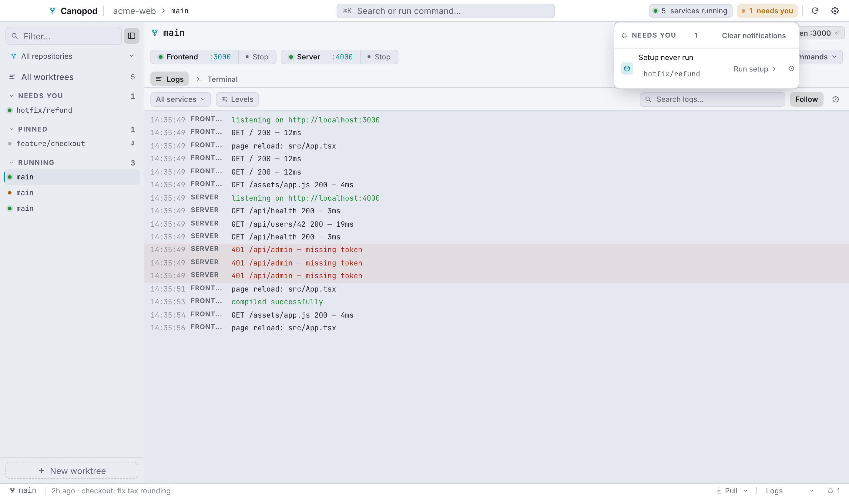 The attention queue: crashes and failed background jobs first, then blocked agents, then completions.