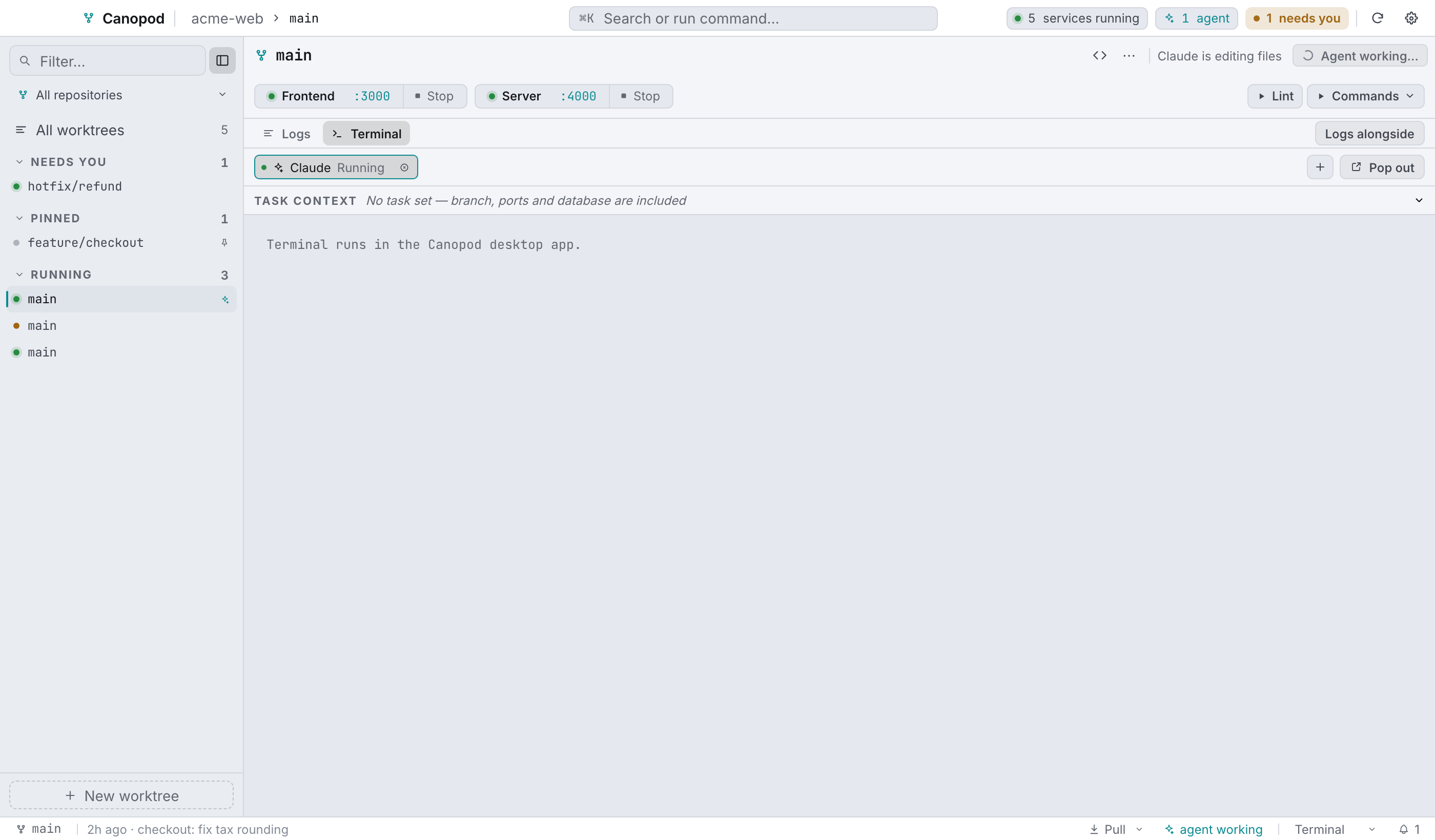 The selected agent session: the context bar above, and the empty state below.
