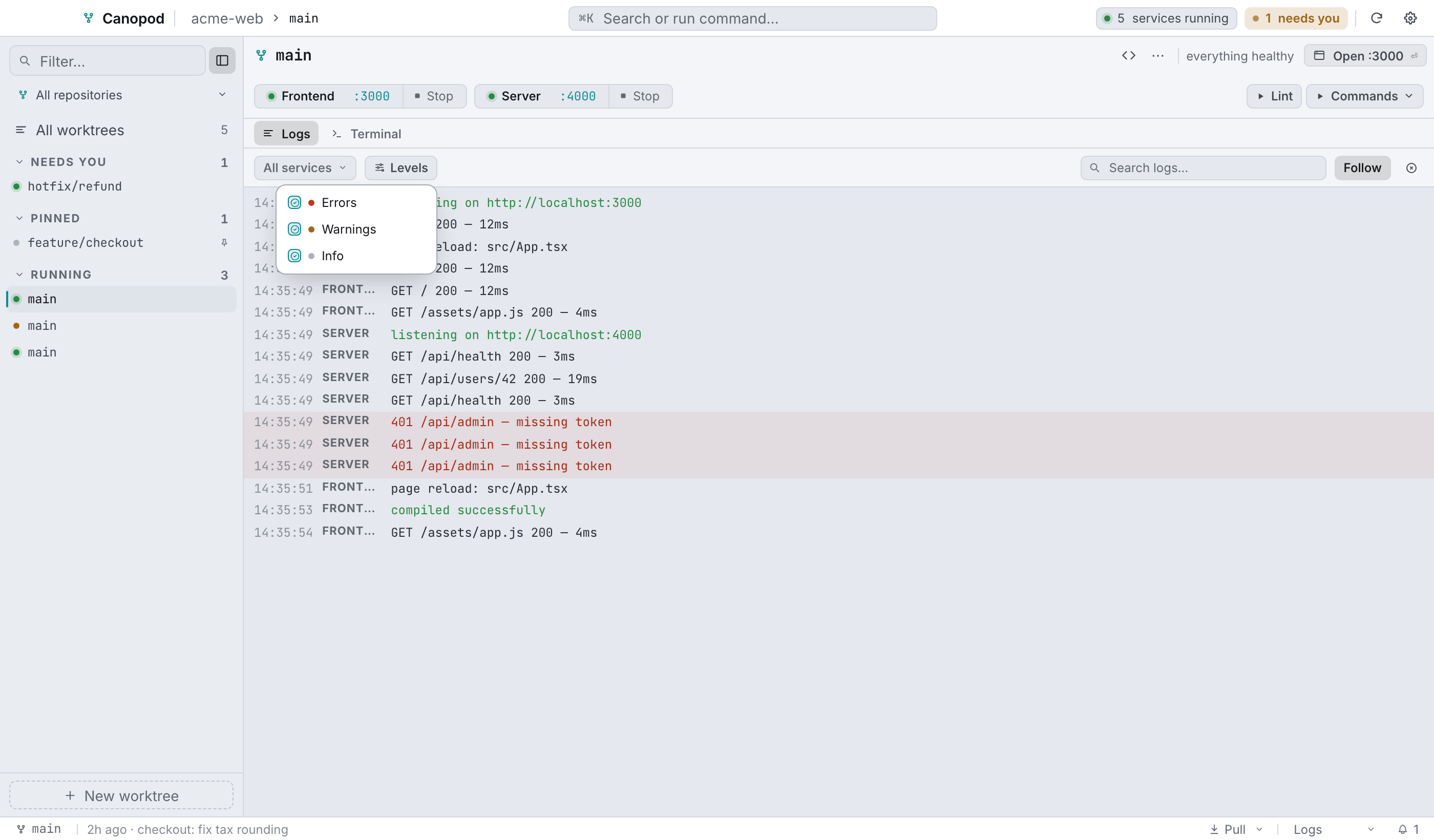 The level filter: Errors, Warnings and Info, with `ok` lines folded into Info.