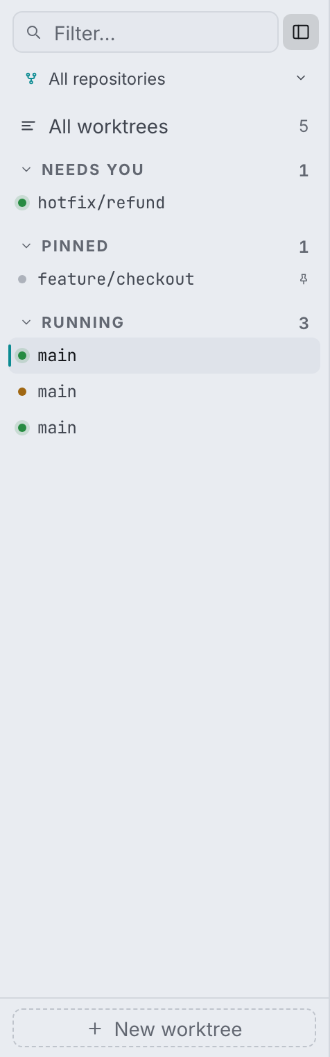 The sidebar: worktrees grouped by state, with quick actions on each row.