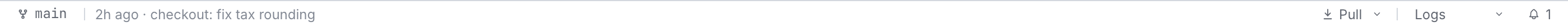 The status bar: branch, git state, the last commit, and the Pull control with its submodule menu.
