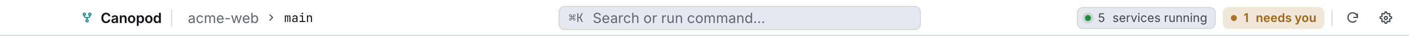 The top bar: breadcrumb, command palette, running count, attention queue, Sync and Settings.