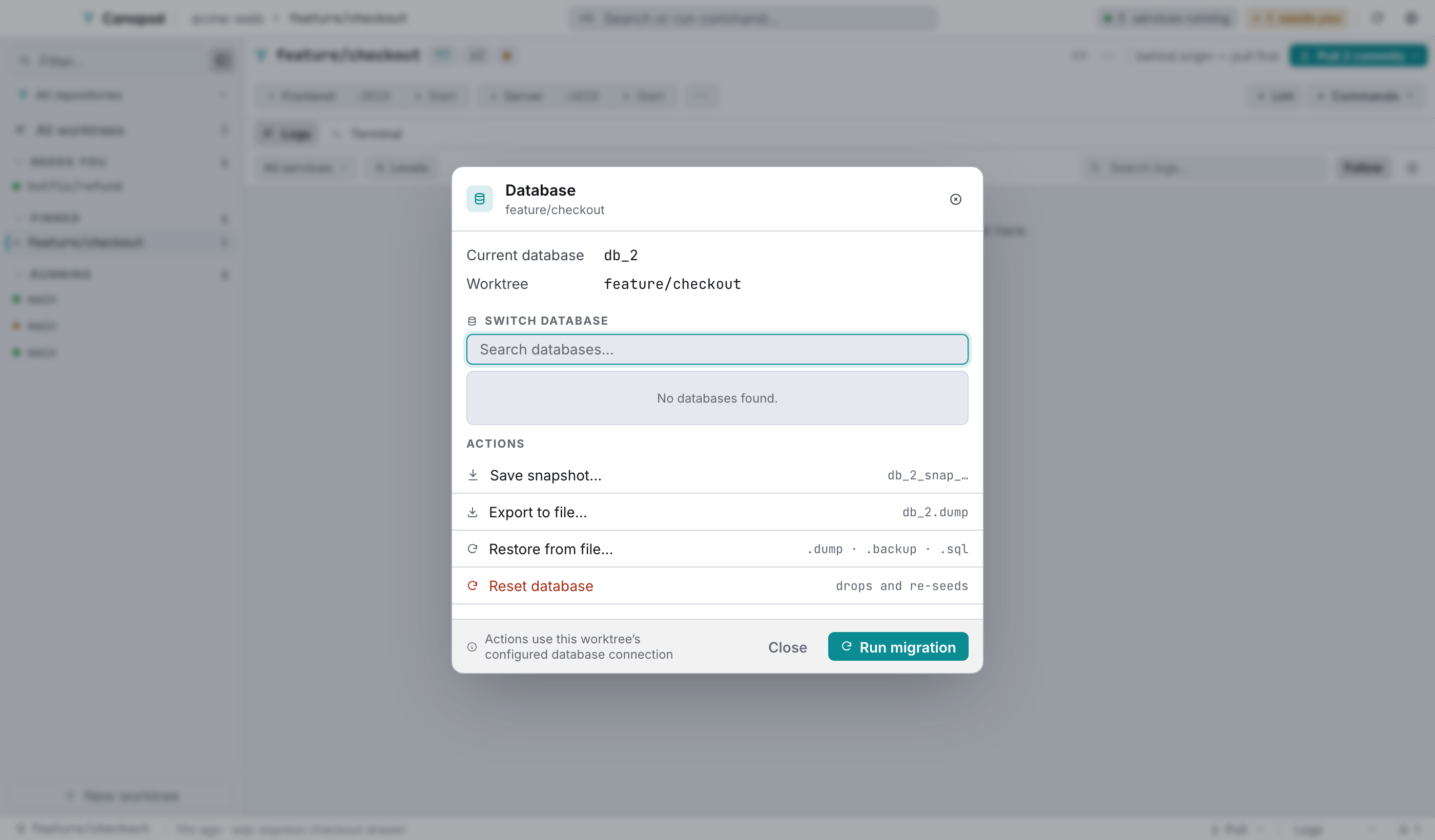 The database dialog: the switcher, then snapshot, export, restore, and reset.