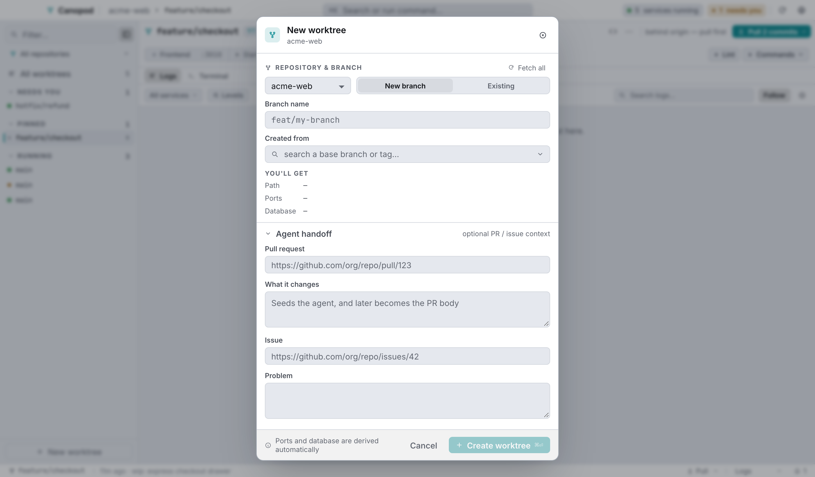 The agent handoff is collapsed by default: a PR link, an issue link, and what each one is about.