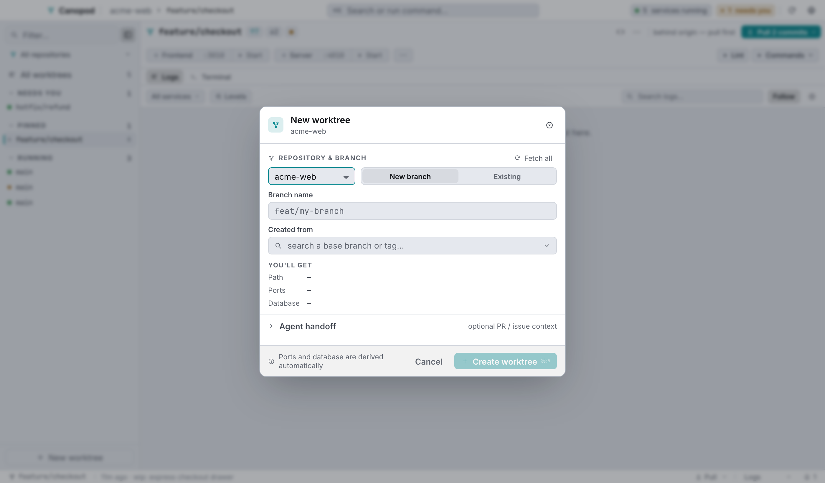 New worktree: pick a repository, then a new branch off a base, or an existing ref.