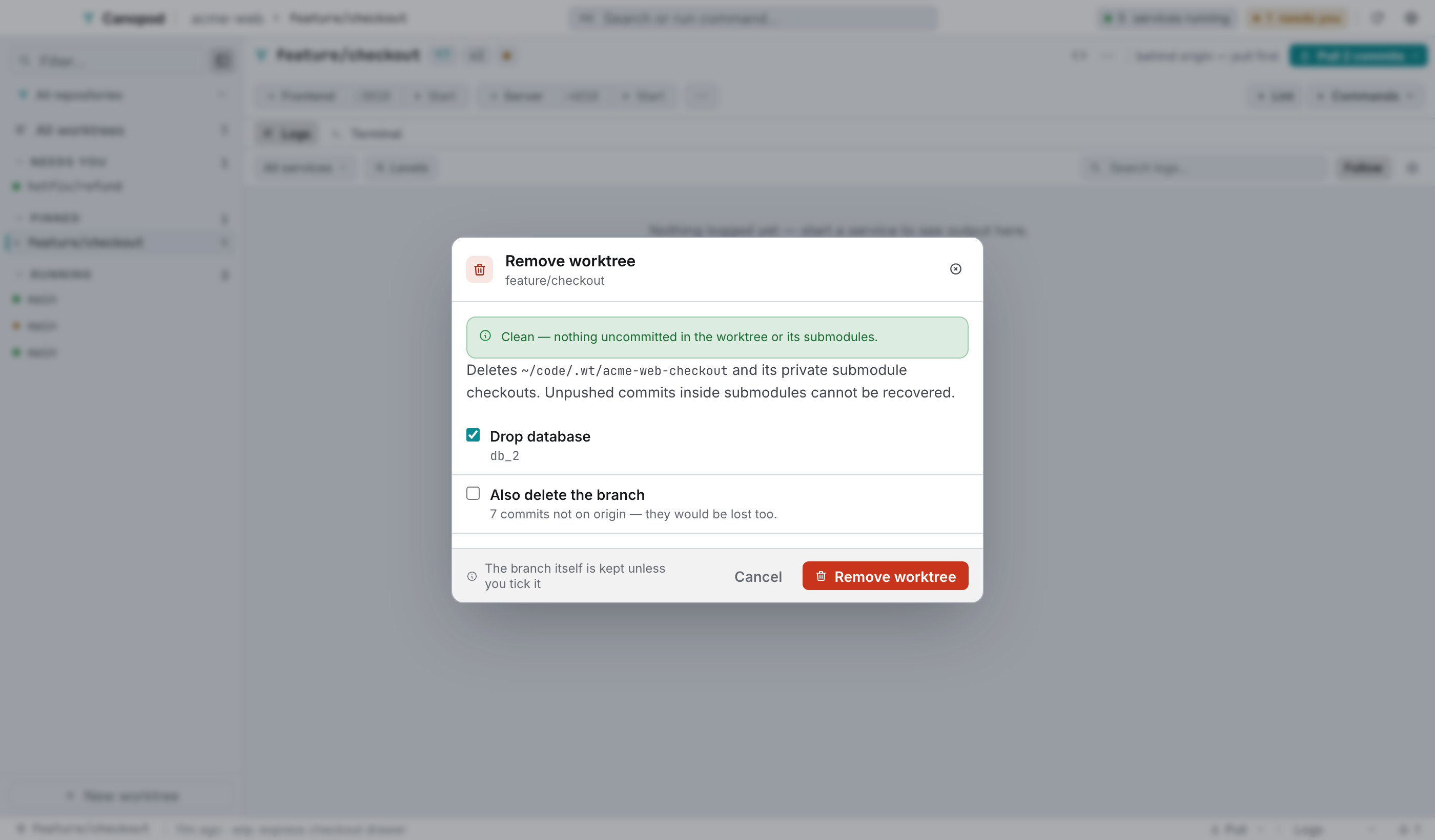 Remove worktree: a dirty precheck, then two explicit choices.