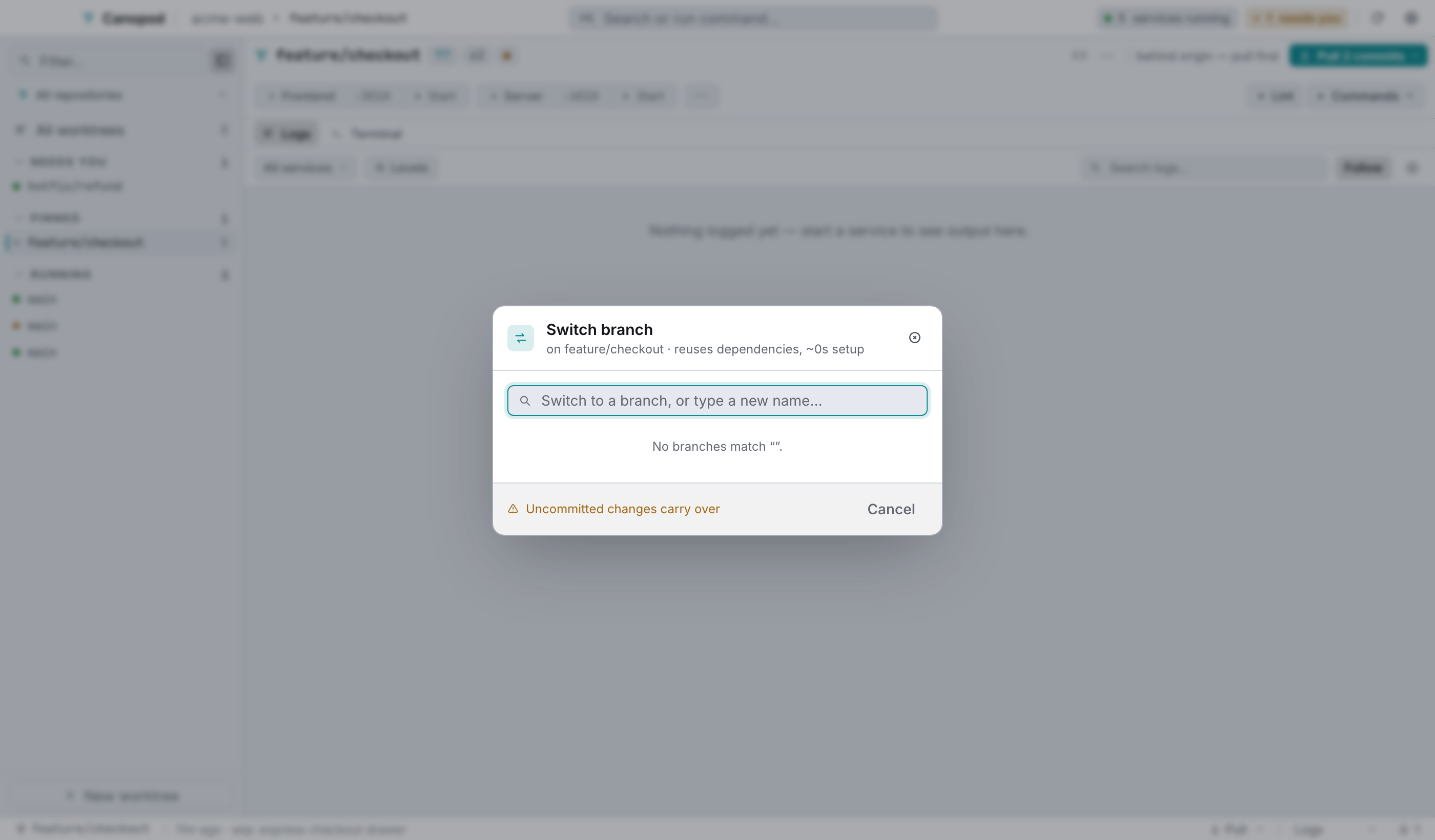 Switch branch: type to filter, or type a new name to create one off the current branch.