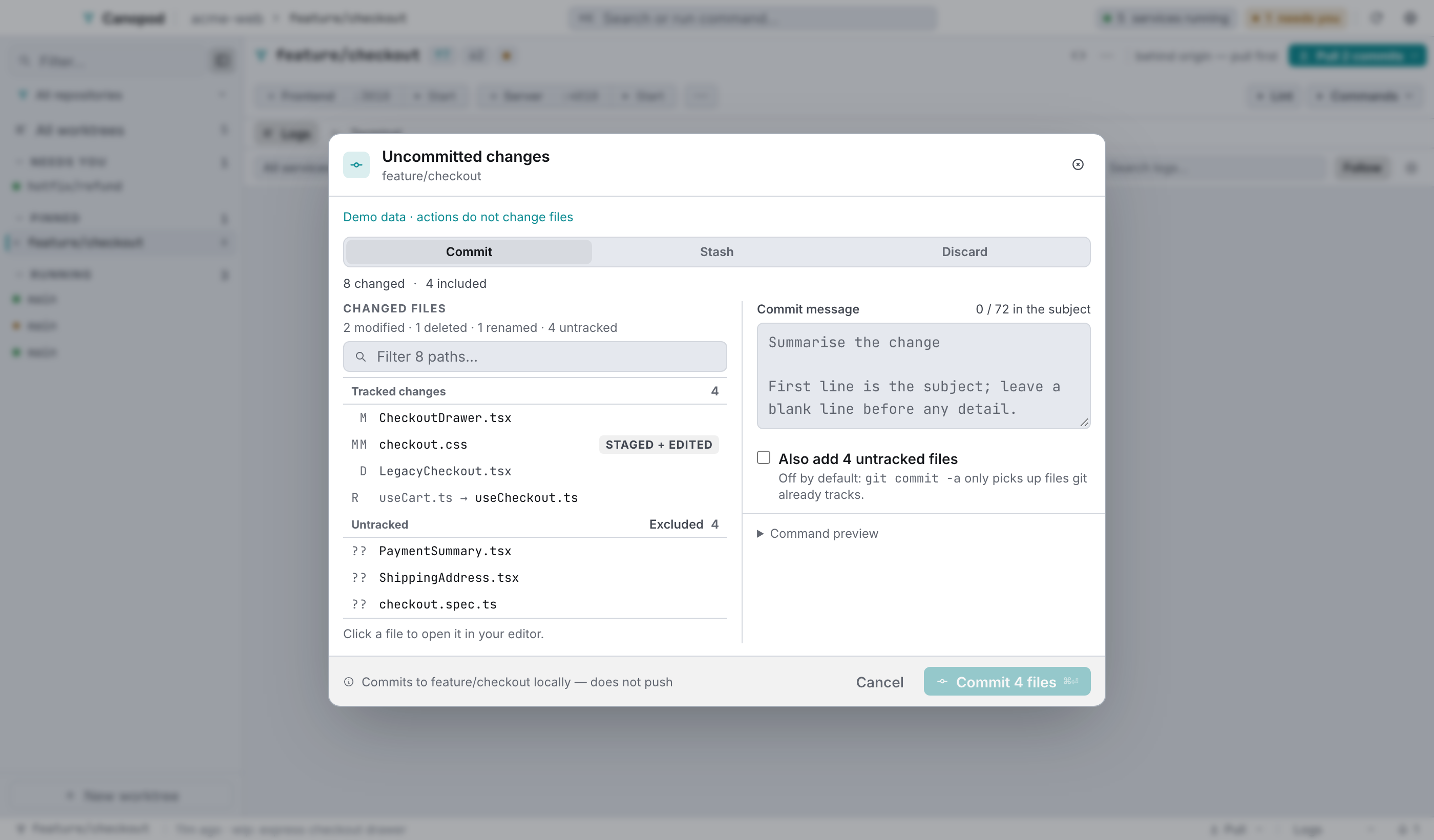 Commit mode with eight changed files: the four tracked changes go into the commit, and the four untracked files stay out unless you tick *Also add 4 untracked files*.