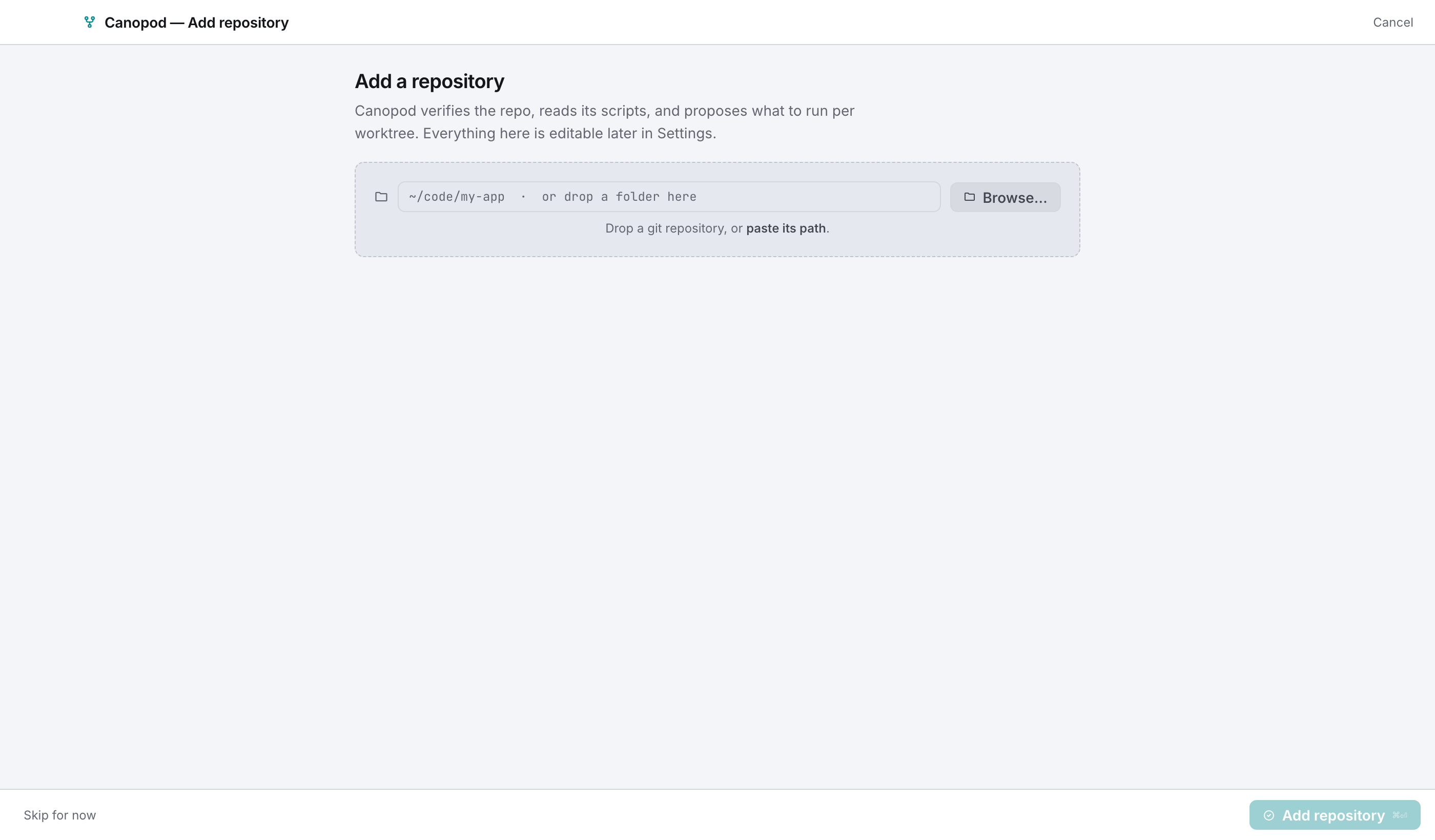 The add-repository screen: the path field also accepts a dropped folder, and detection runs as you type.