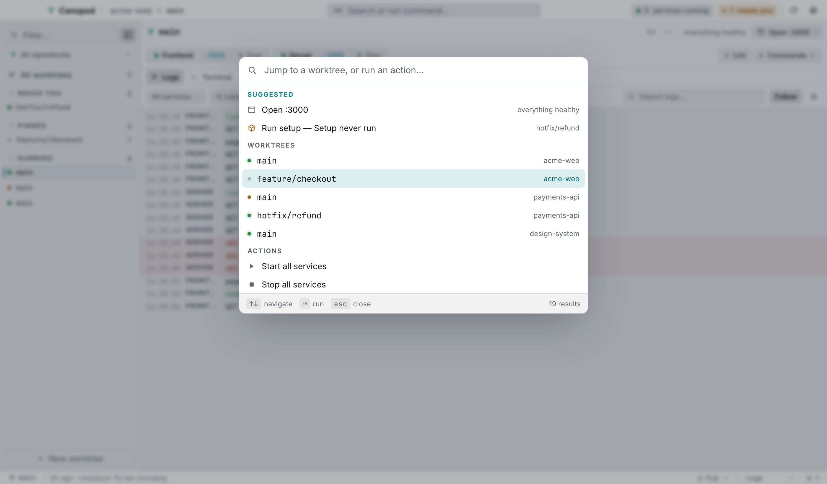 The command palette: suggested actions first, then worktrees, then commands.