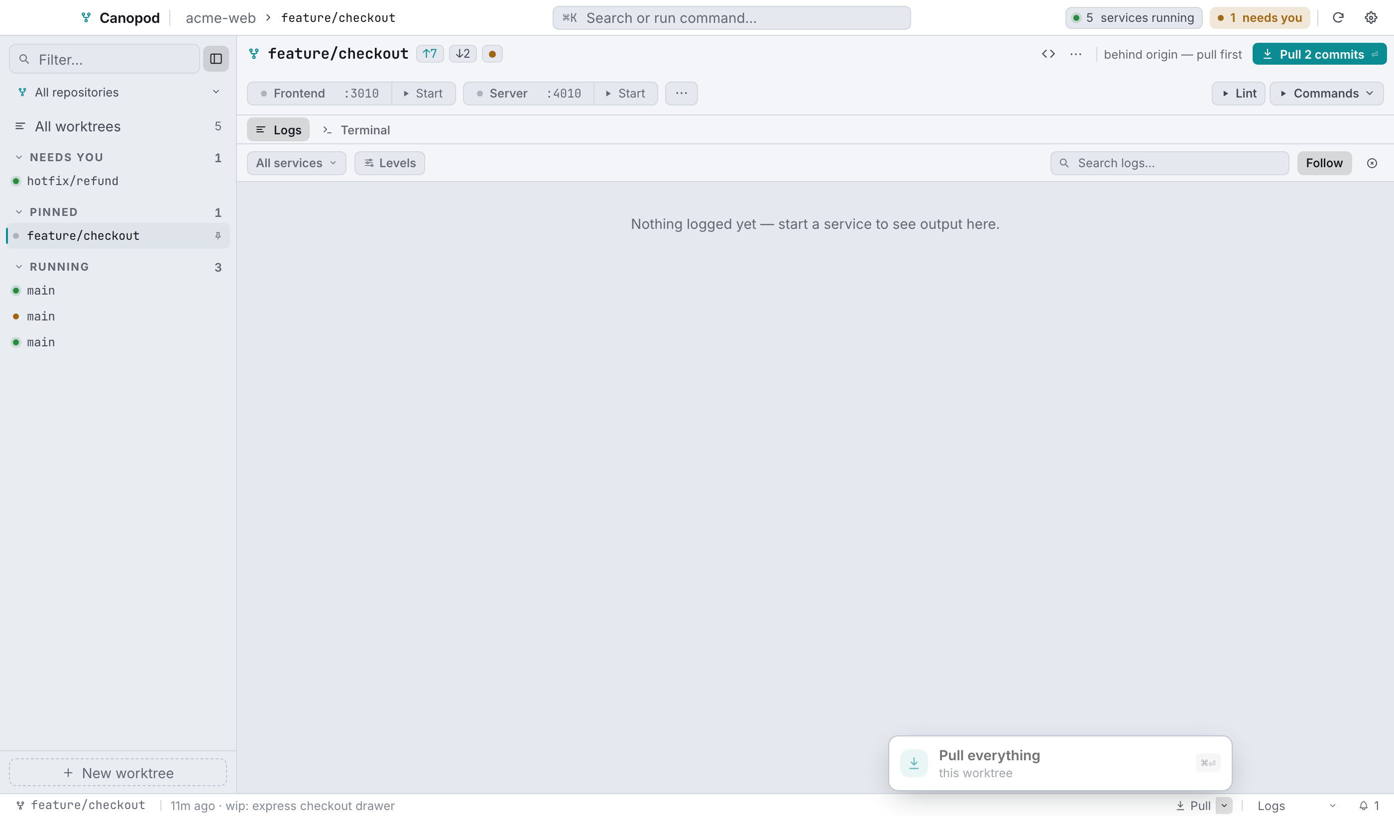 The pull popover: pull everything, re-pin submodules, or act on one submodule at a time.