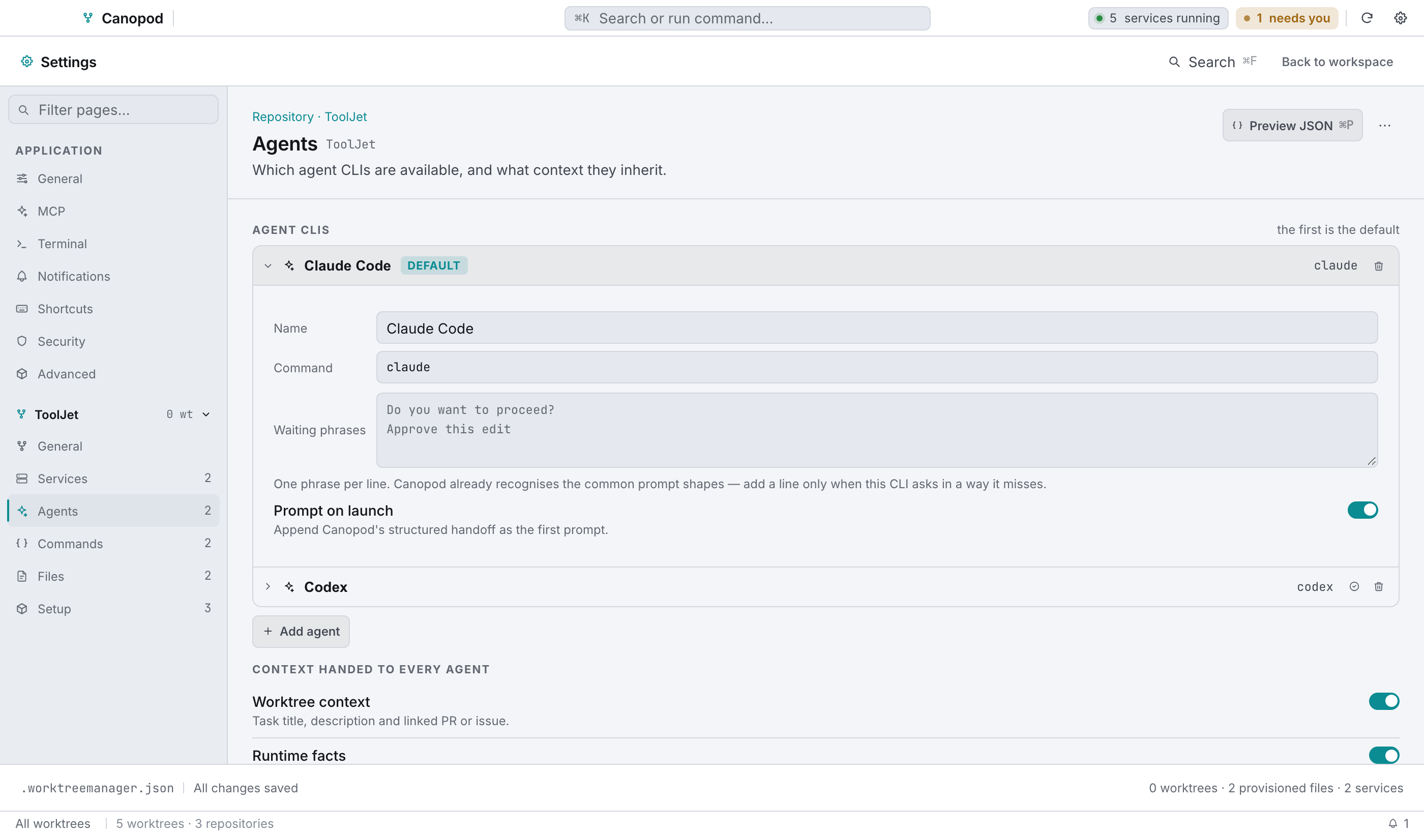 Agent CLIs: the first is the default, and any of them can be promoted.