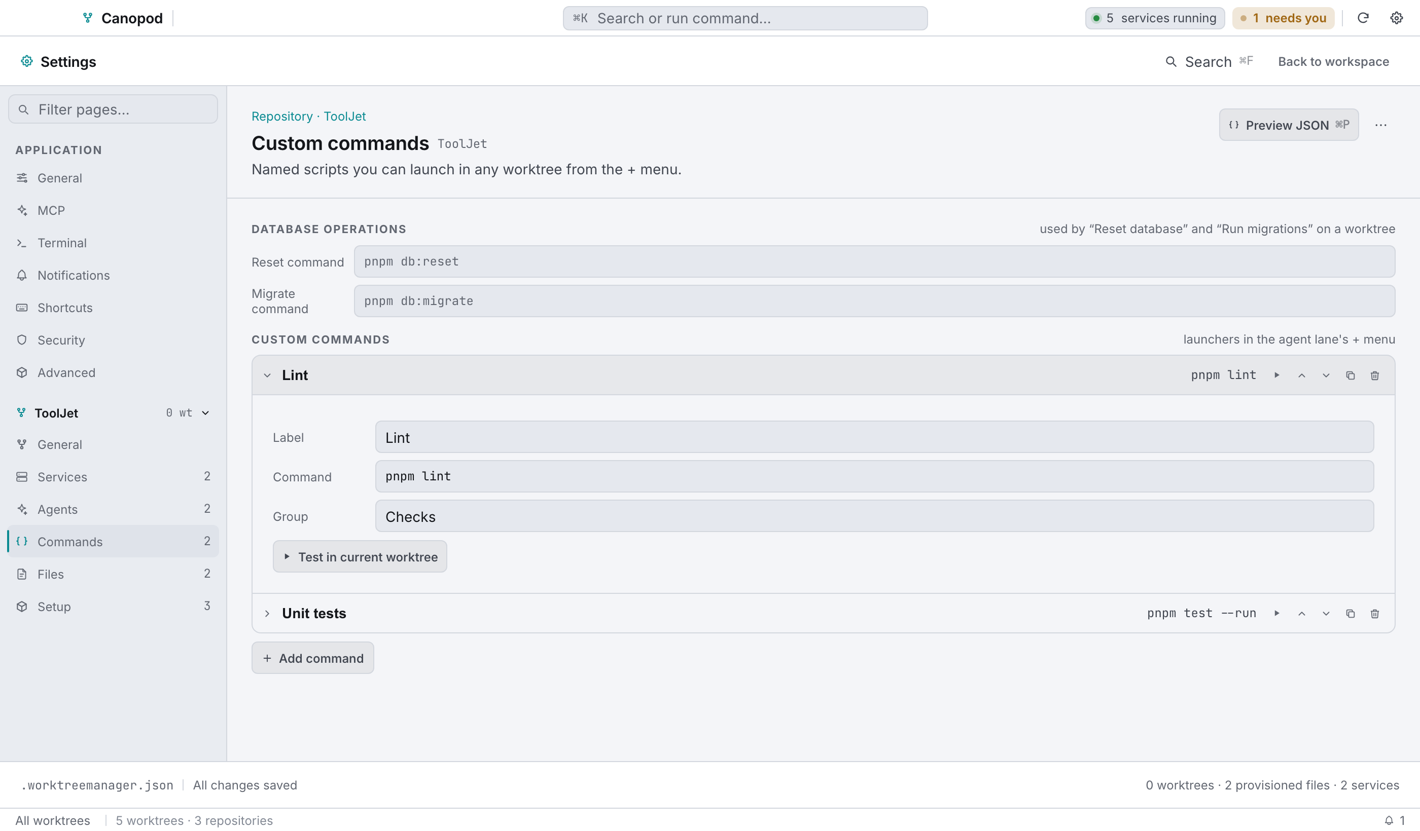 Database operations at the top, then custom commands with groups and a test run.