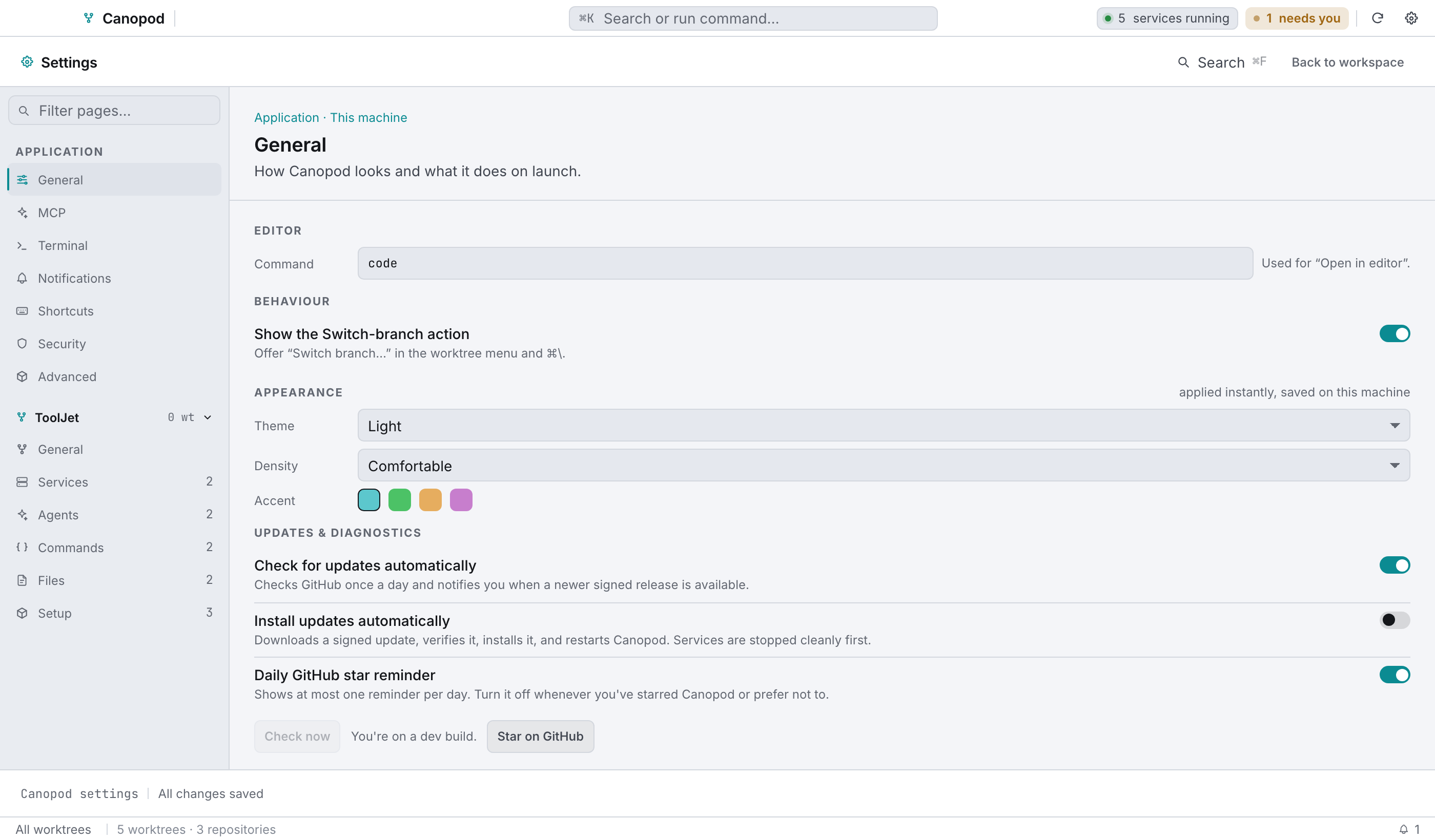 Settings → General: editor command, behaviour, and the live Appearance controls.