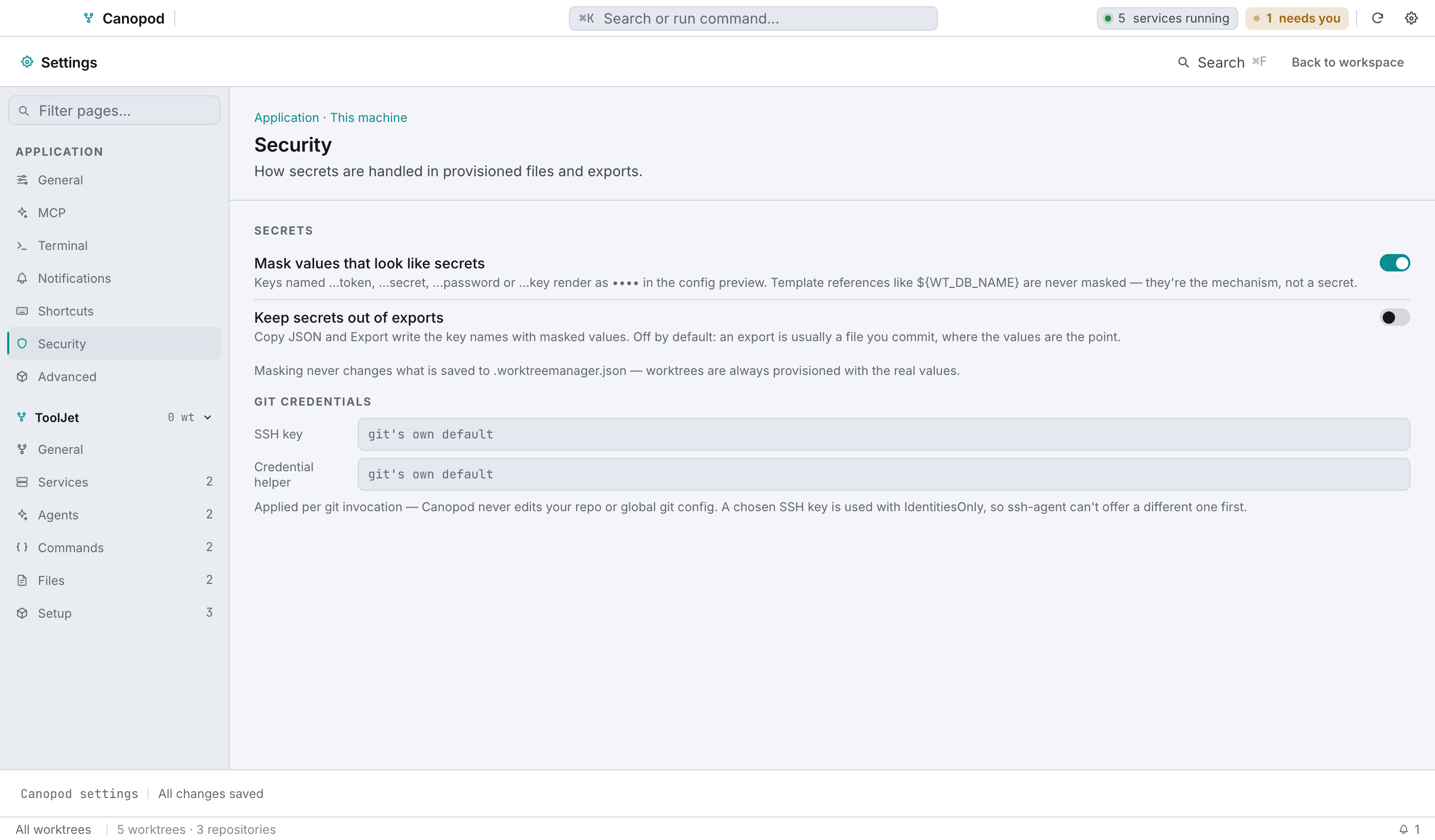 ⌘P shows exactly what will be written to .worktreemanager.json.