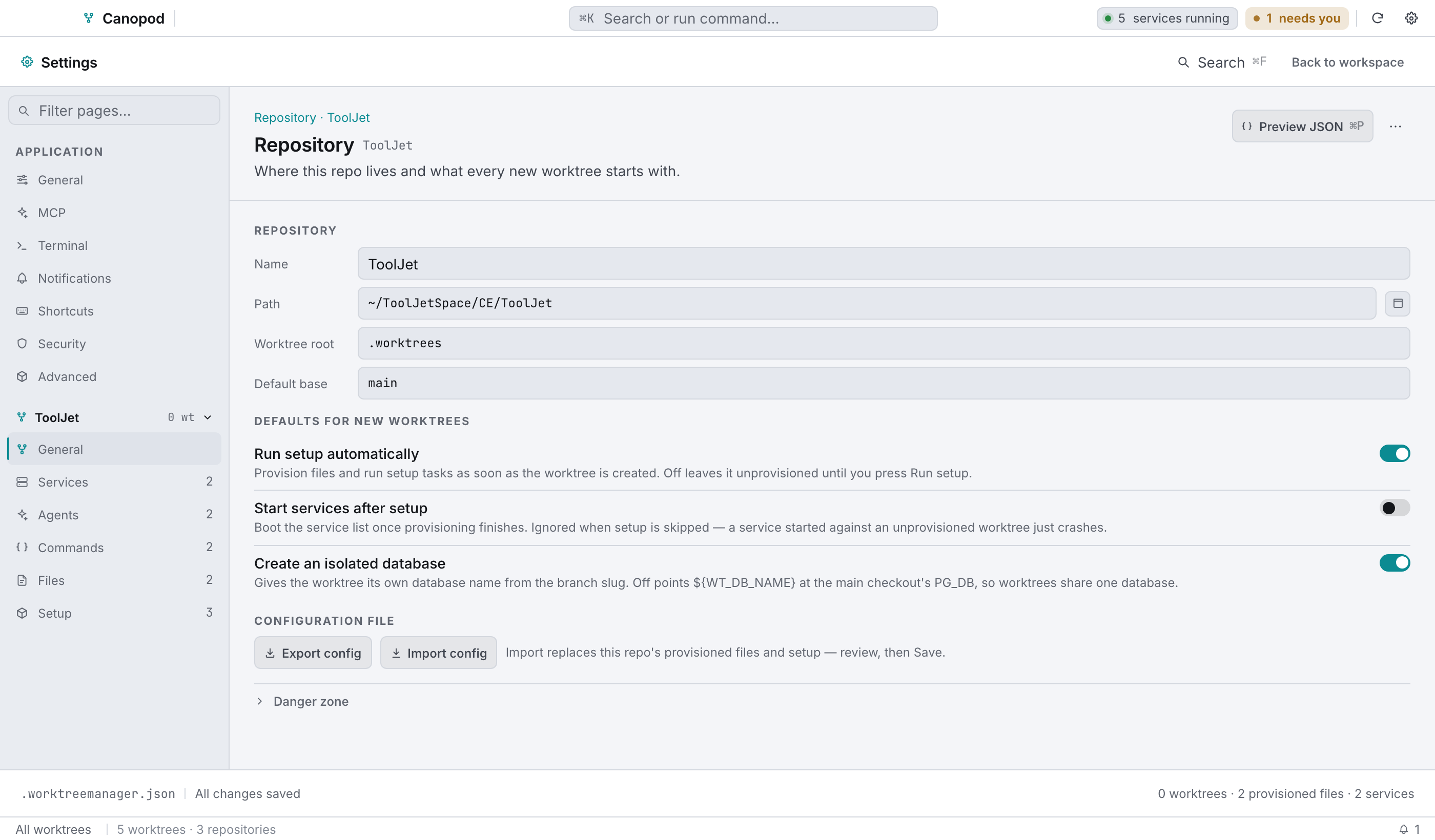 Repository → General: paths, defaults, config import/export, and the danger zone.