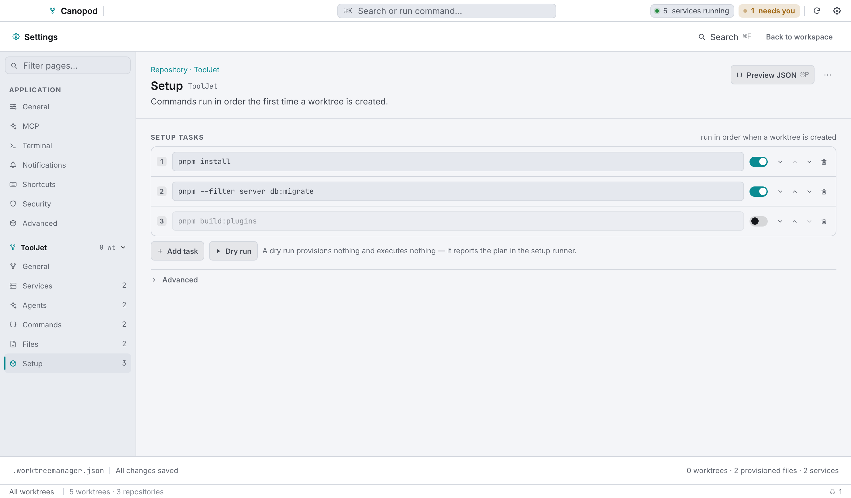 Setup tasks: ordered commands, moveable, each one a line.