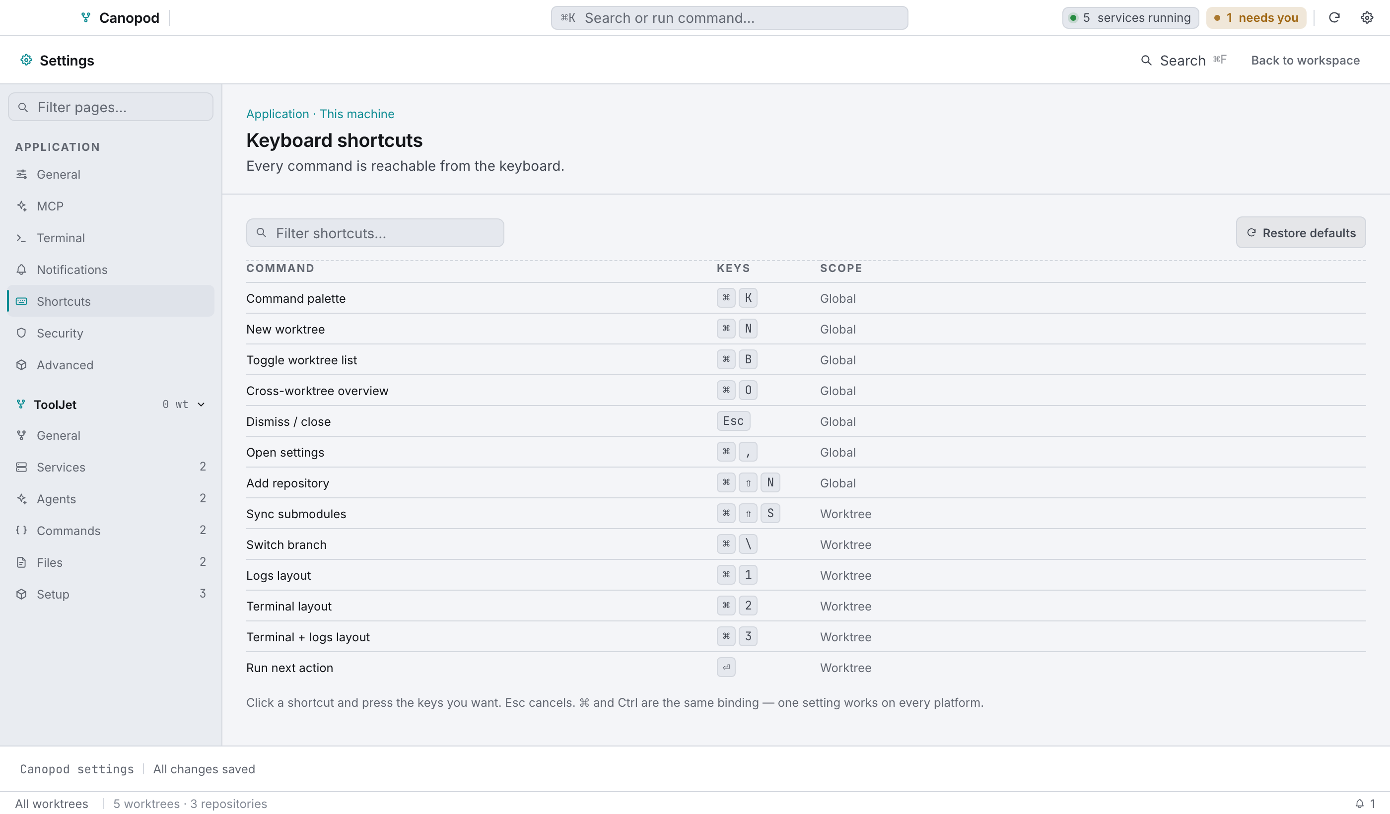 Settings → Shortcuts: the same reference, searchable.