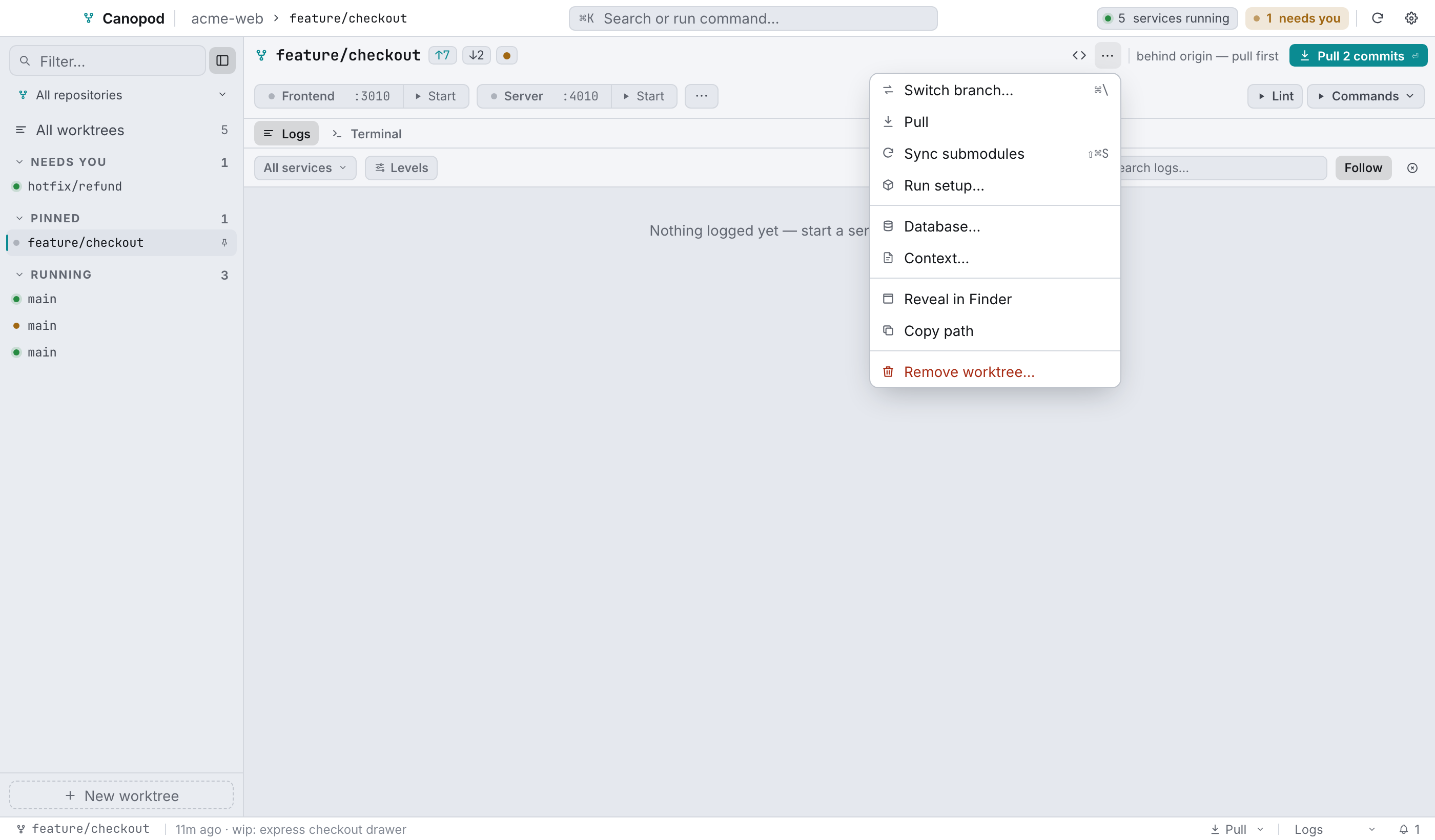 The worktree ⋯ menu: git operations, then file locations, then Remove worktree.